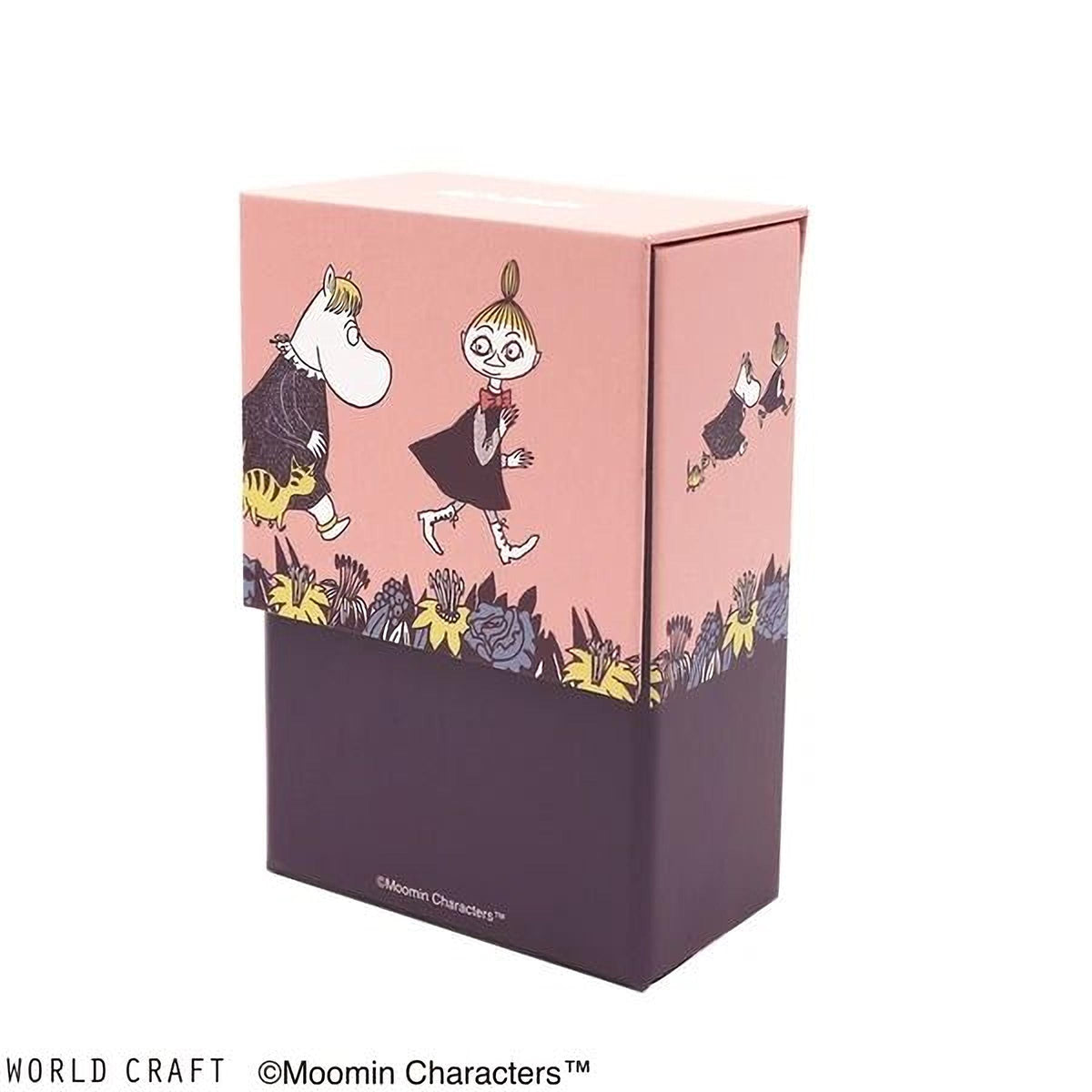A pink box with a cartoon illustration of two characters, one of which is a hippopotamus, and the other is a girl. The box has a purple bottom and the text "World CRAFT © Moomin Characters™" printed on it.