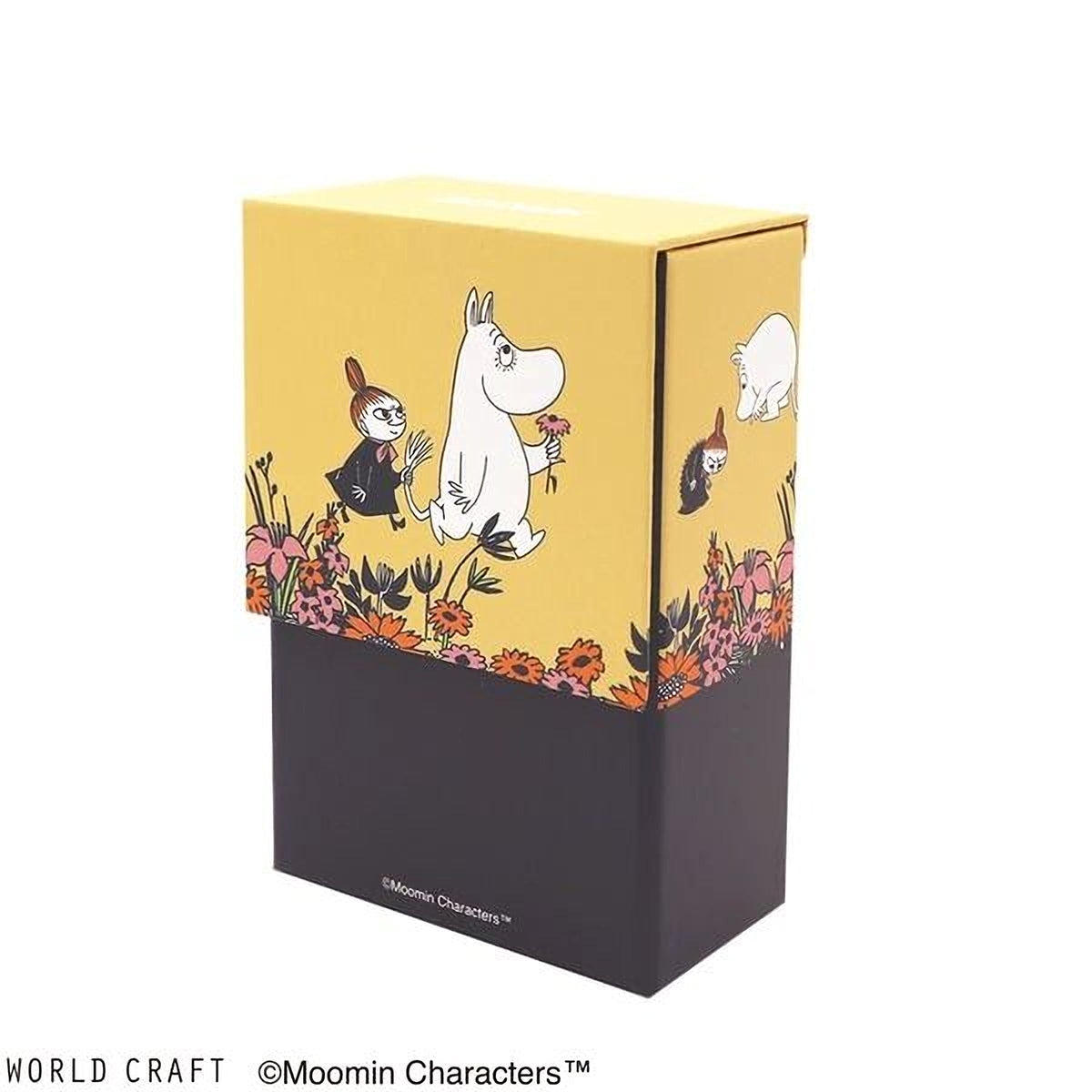 A yellow box with a black border, featuring illustrations of Moomin characters in a floral setting.