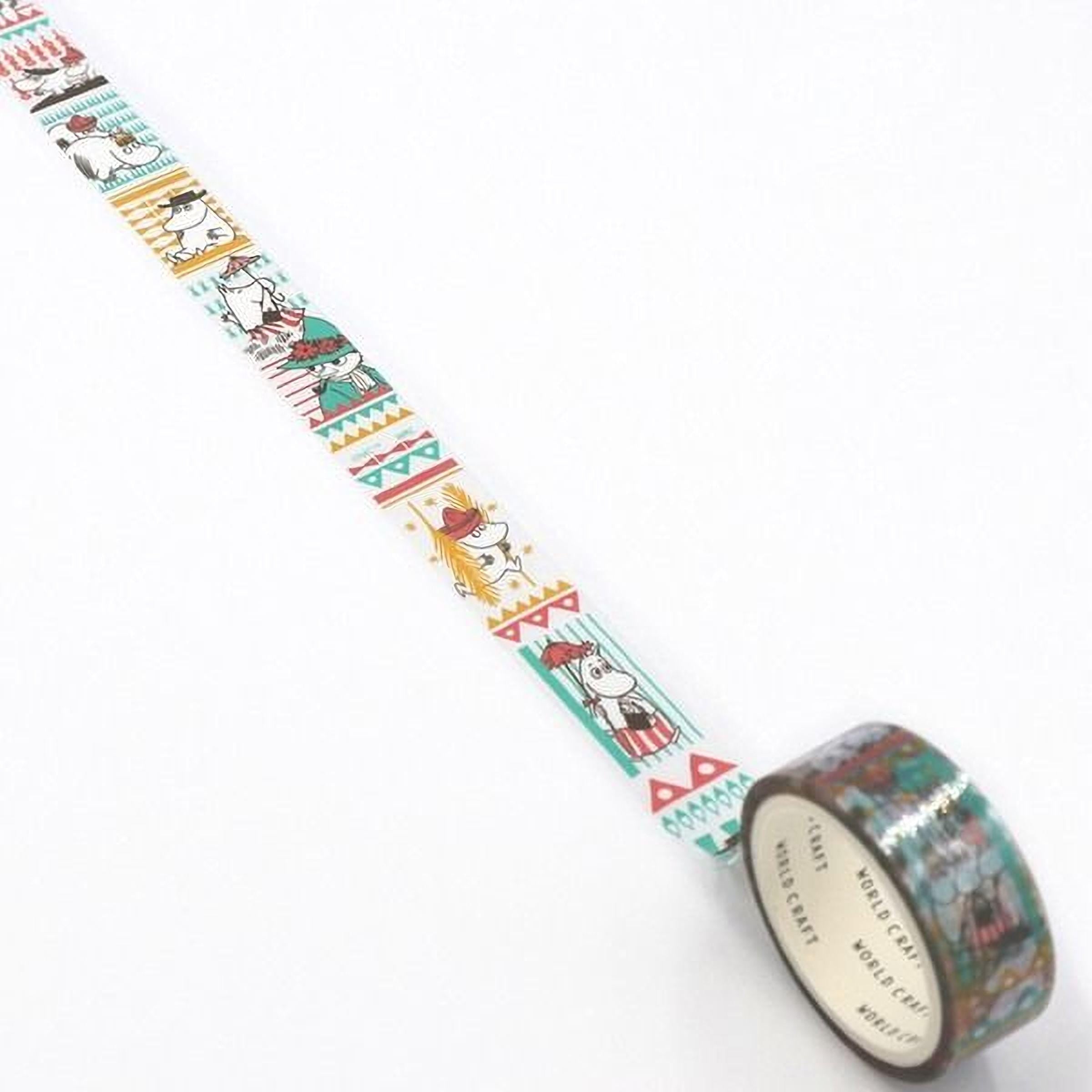 A roll of patterned tape with a repeating design of cartoon characters and geometric shapes.