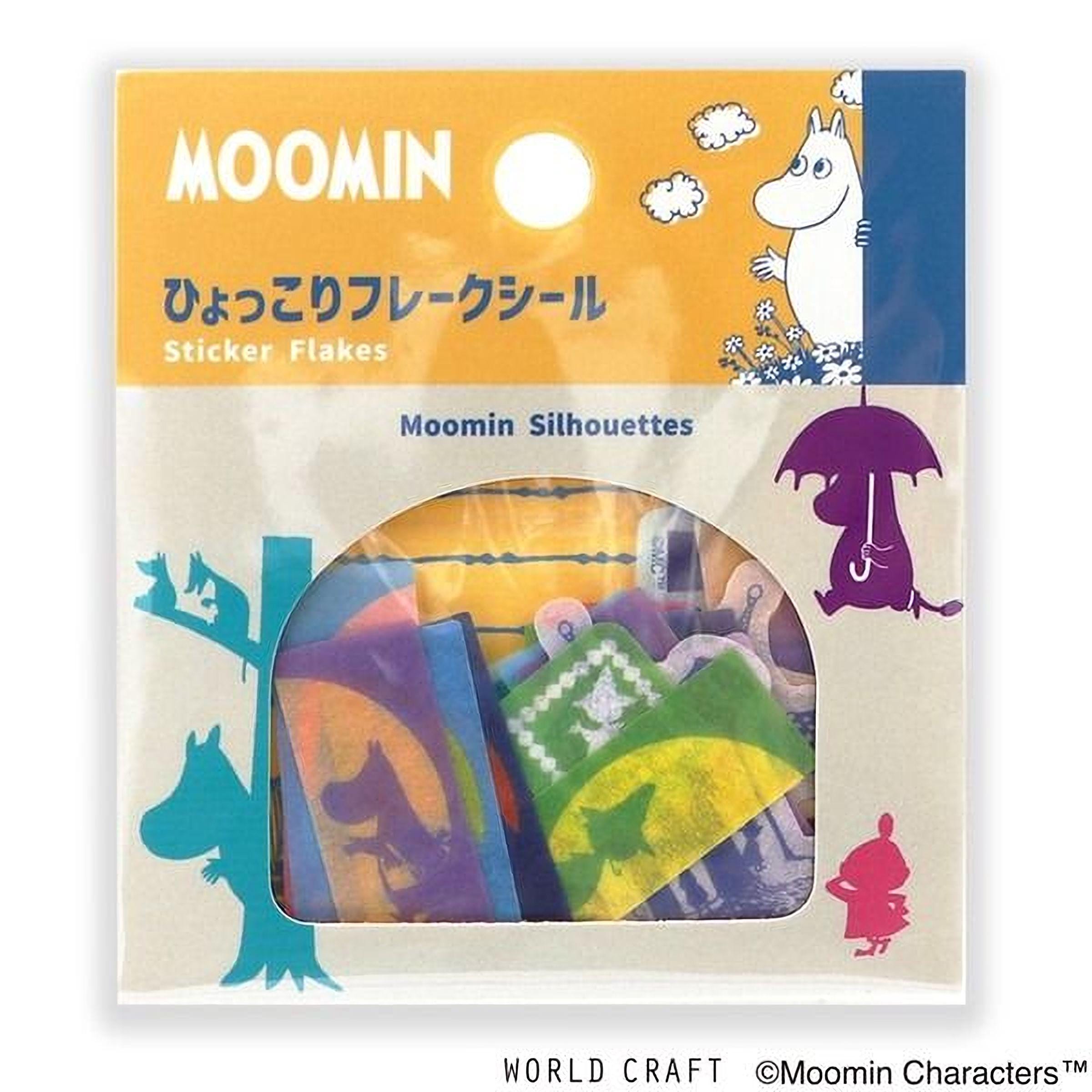 The image is a package of Moomin Sticker Flakes featuring various cartoon character silhouettes, including Moomin characters.