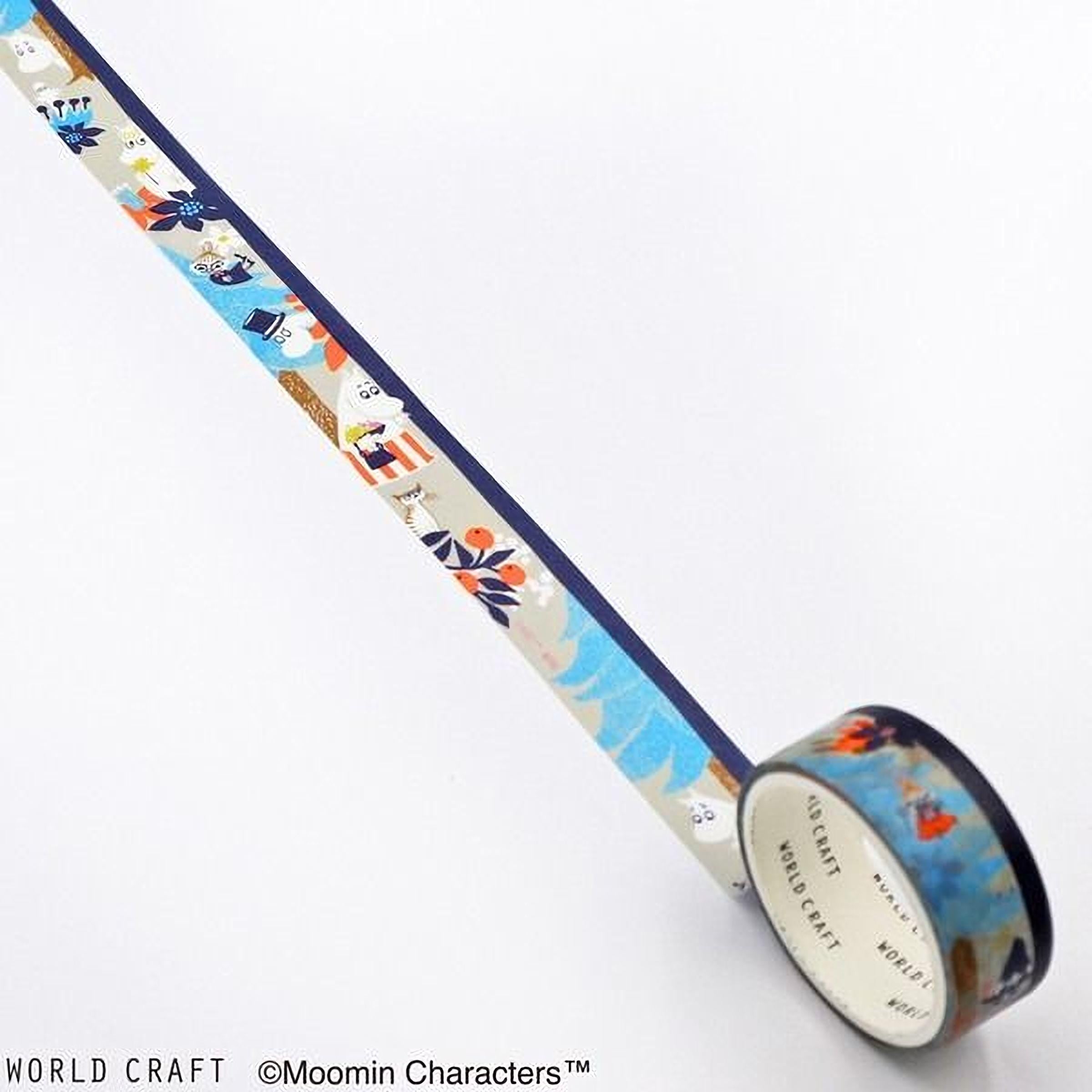 A roll of colorful tape with various patterns and designs, including animals, flowers, and geometric shapes, is shown against a white background.