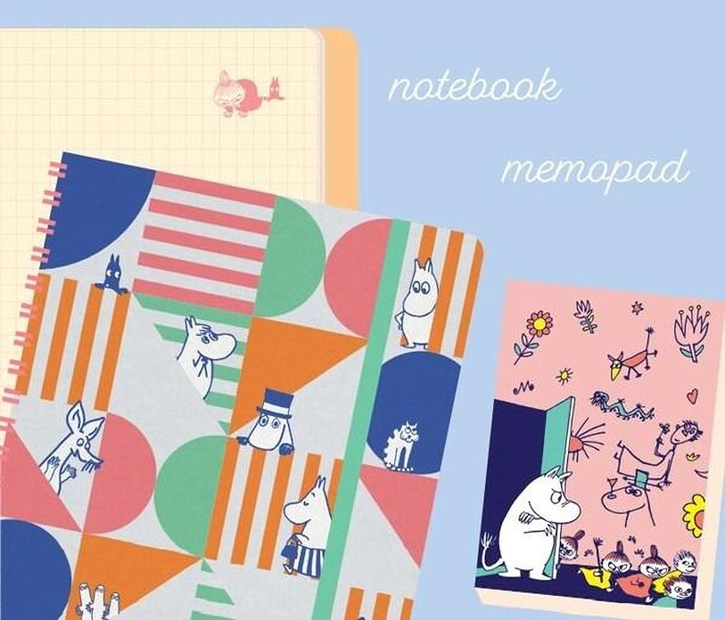 a variety of colorful notebooks and a pink notebook pad, with illustrations of cartoon characters and geometric shapes on the covers.