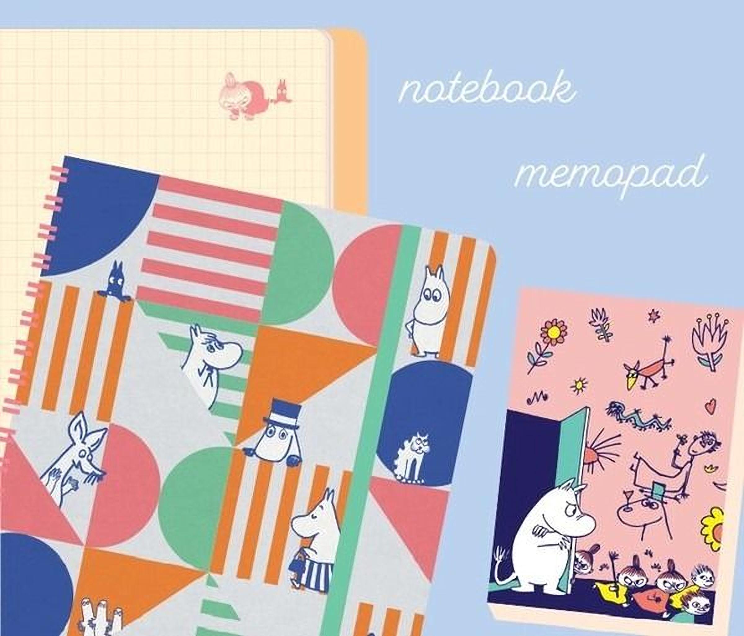 a variety of colorful notebooks and a pink notebook pad, with illustrations of cartoon characters and geometric shapes on the covers.
