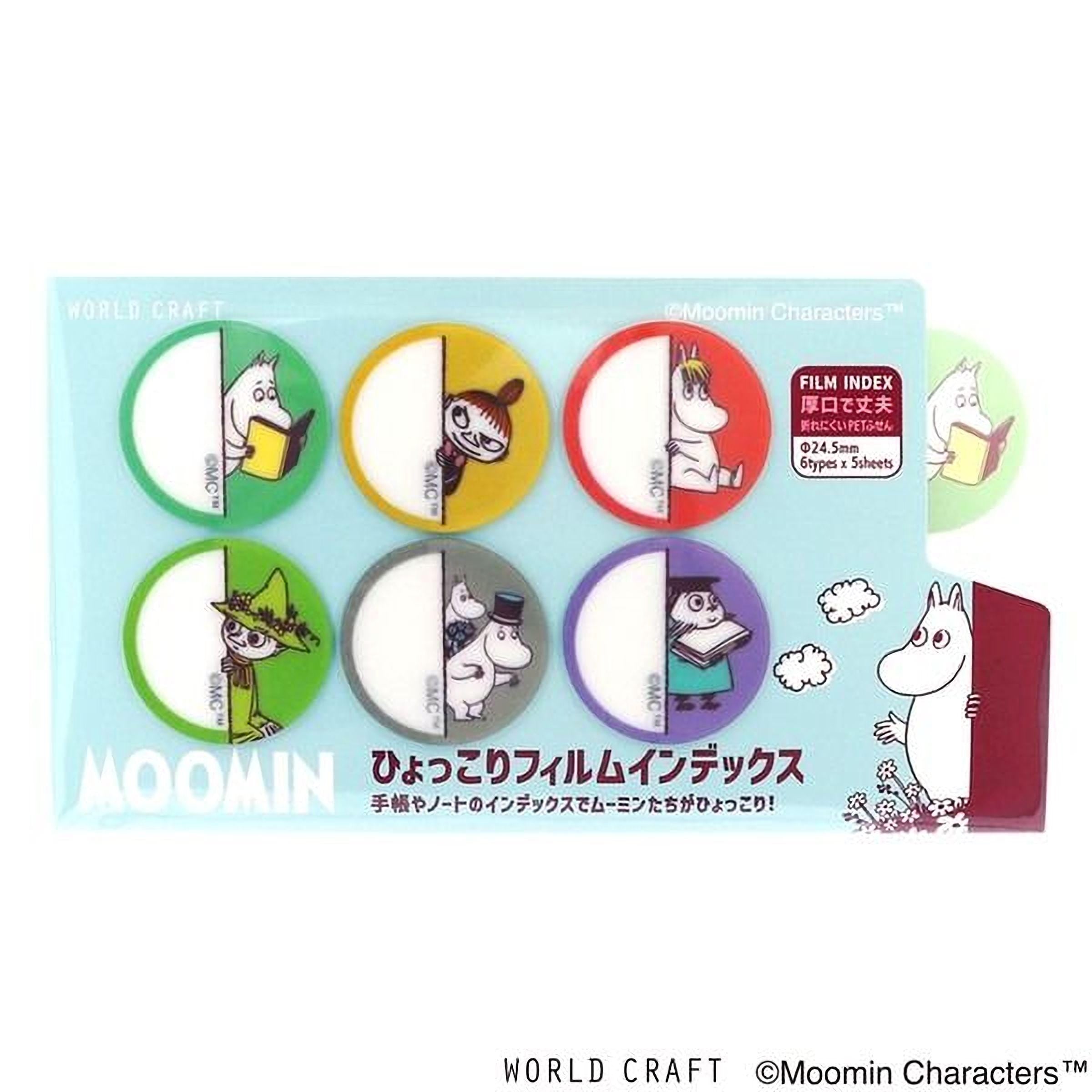 The image is a collection of six circular stickers featuring characters from the Moomin character series.