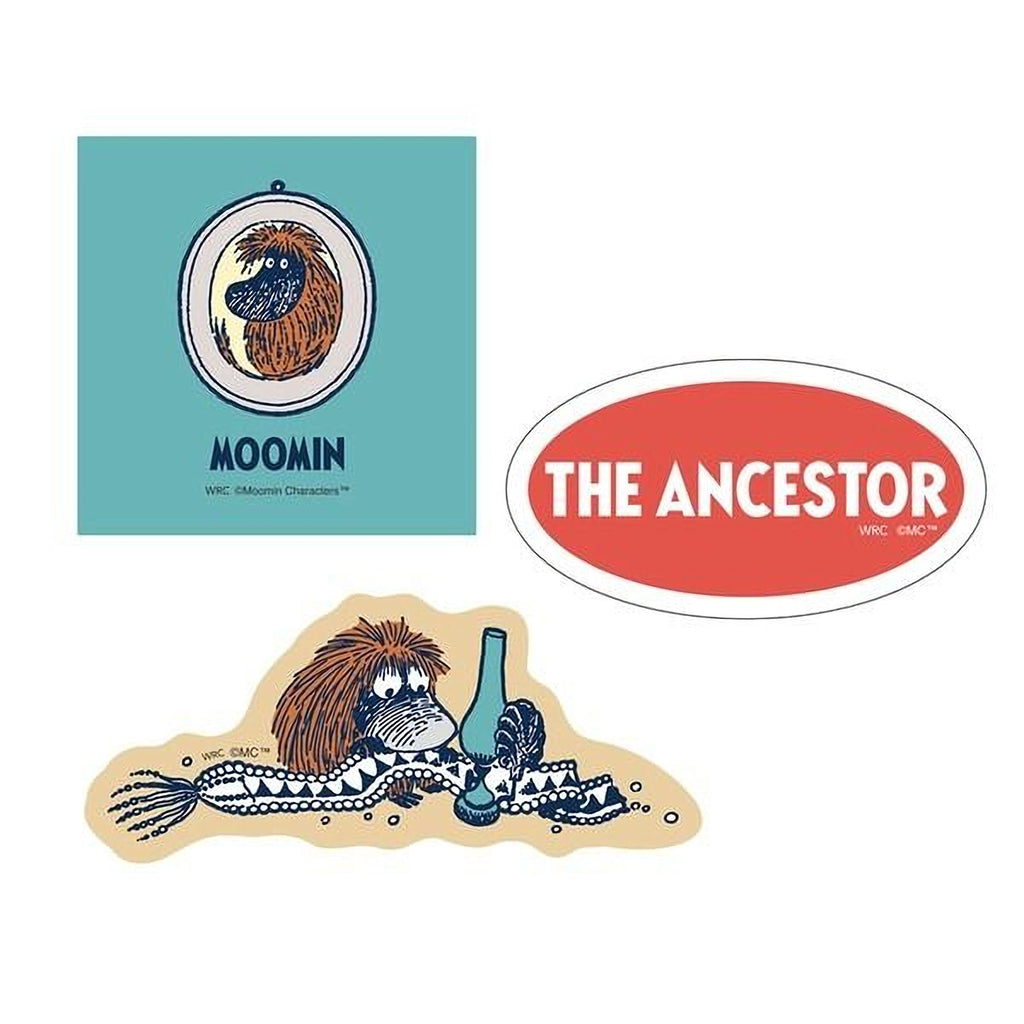 three different logos or illustrations, including a circular logo with the name 'Moomin' and a red oval logo with the text 'THEancestor' and 'WRC MC MC'.