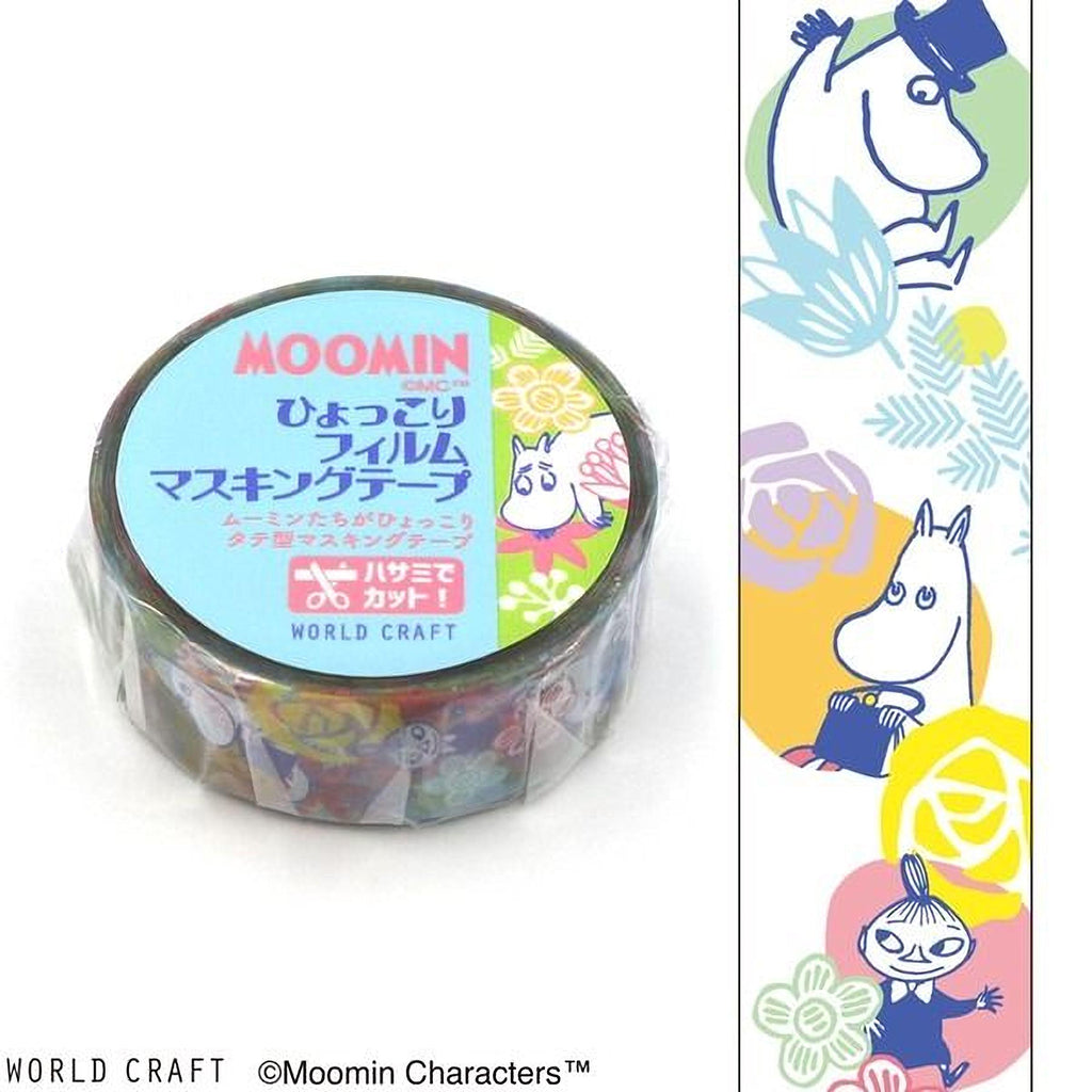 a roll of Moomin World Craft tape with colorful designs and characters from the Moomin character series.