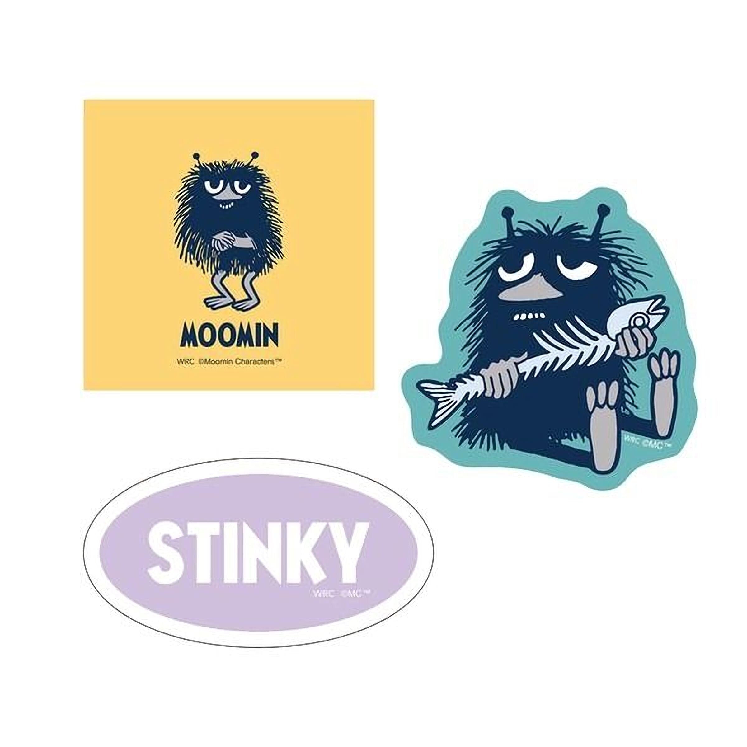 three stickers: a yellow sticker with a cartoon character, a blue sticker with a cartoon character holding a fish, and a purple sticker with a cartoon character.