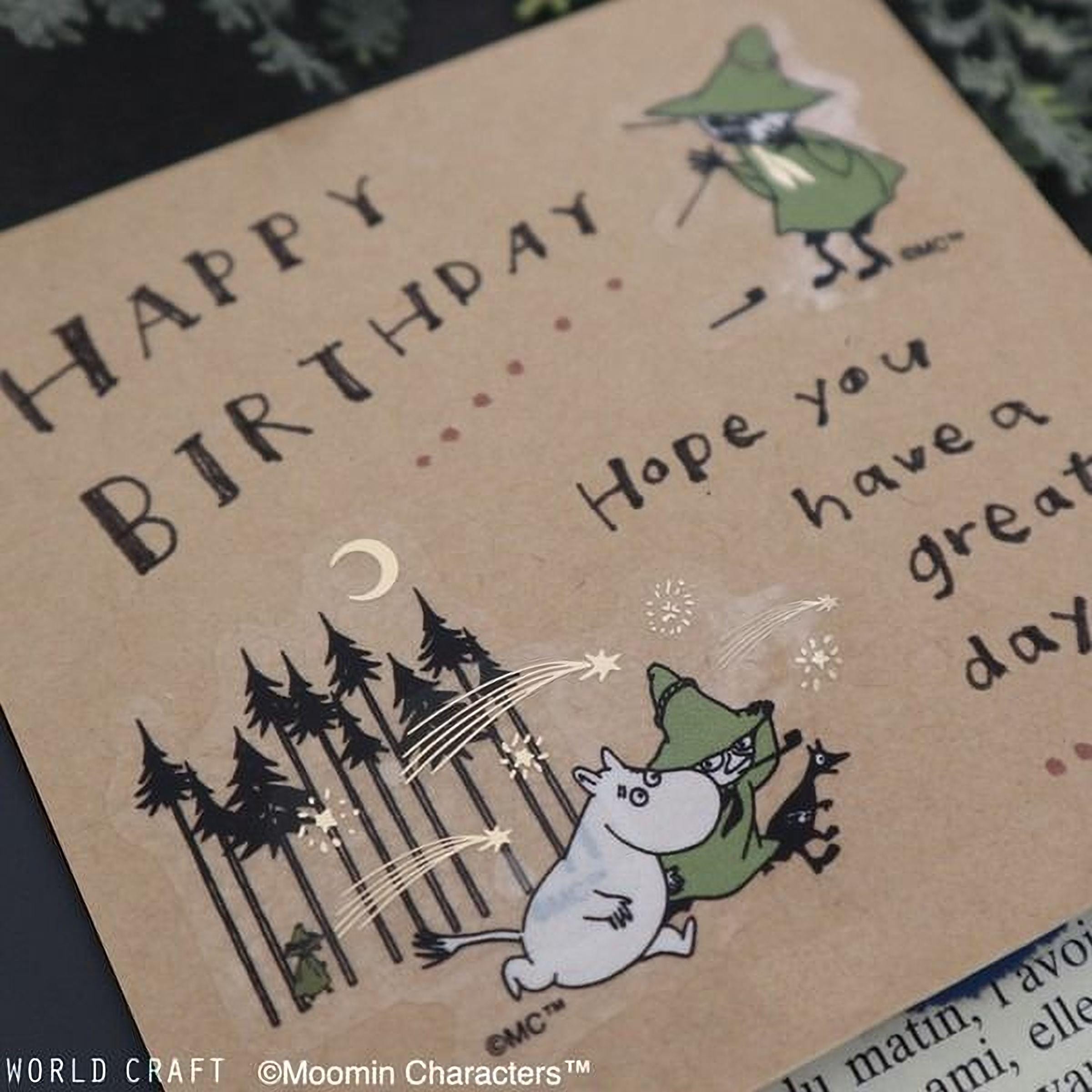 The image is a birthday card with a whimsical illustration of a forest scene and a character wearing a green hat. The card has a message that reads "Happy Birthday Hope you have a great day".