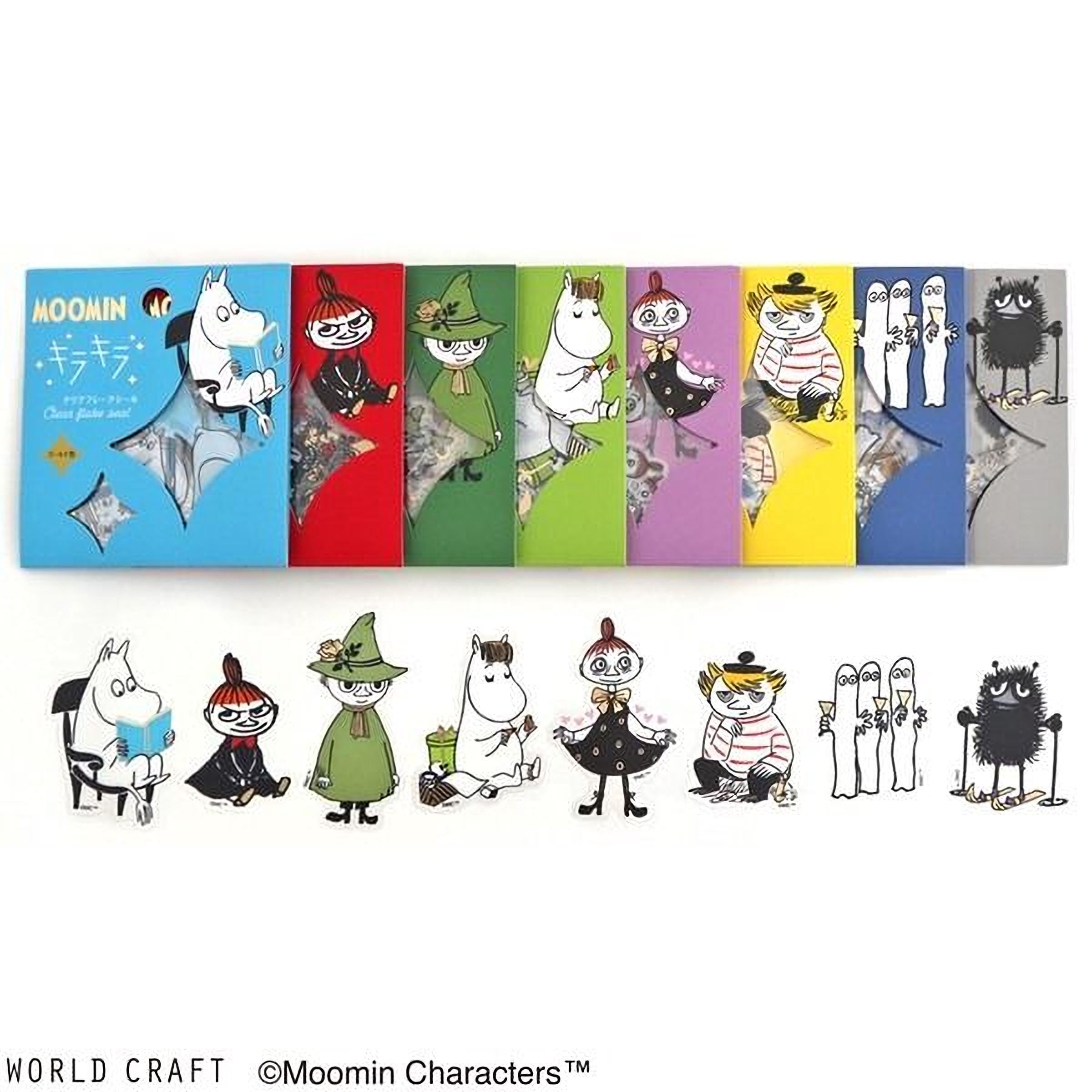 a collection of colorful stickers featuring various Moomin characters, including Moomin, Moomin's friends, and other Moomin-themed illustrations.