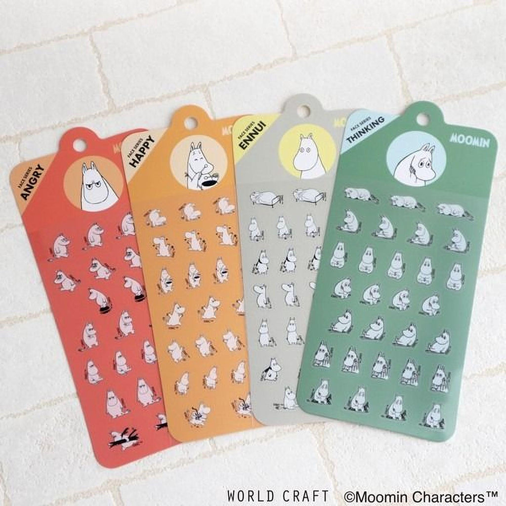 four colorful stickers featuring cartoon character illustrations, each with a different emotion or action depicted.