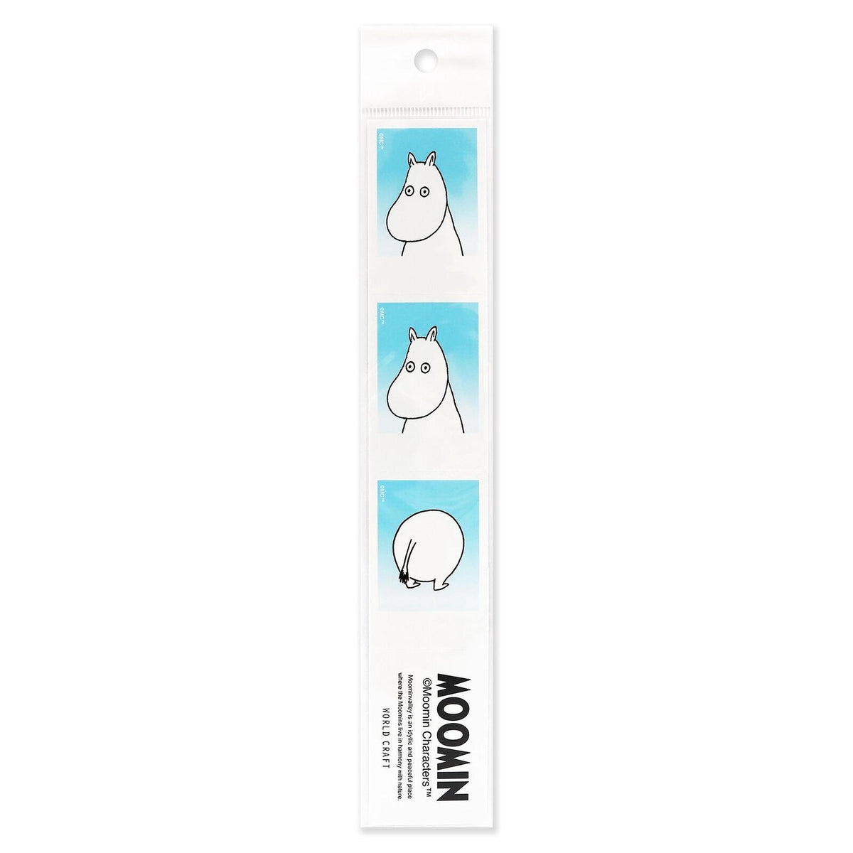 The image is a sticker featuring a cartoon character, specifically a Moomin character, with three different poses.