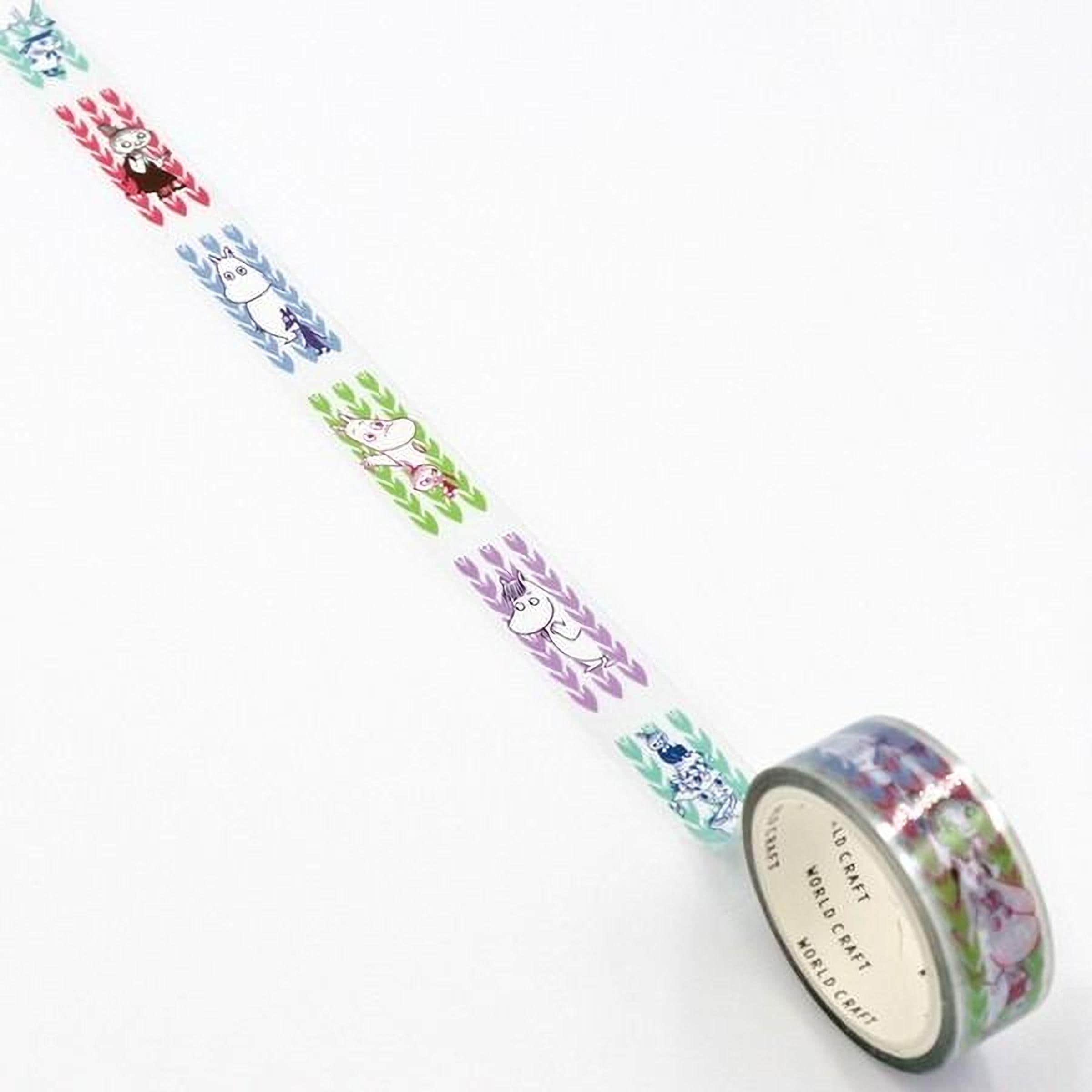 A roll of colorful patterned tape with various cartoon-like characters printed on it.