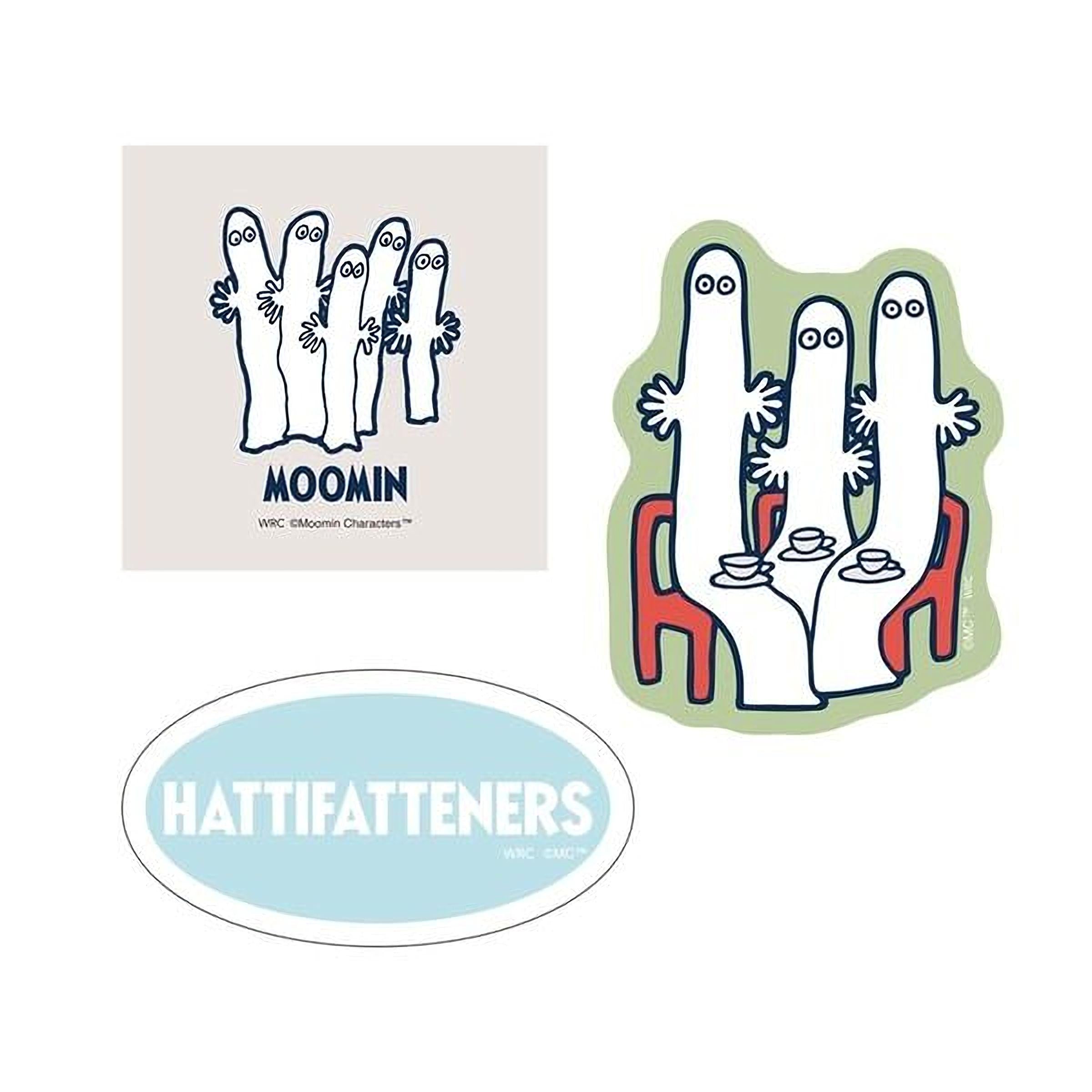 three different illustrations related to the character Moomin. The first illustration is a simple line drawing of Moomin and his friends, the second illustration is a more detailed illustration of Moomin and his friends, and the third illustration is a sticker featuring Moomin and his friends.