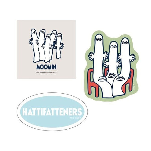 three different illustrations related to the character Moomin. The first illustration is a simple line drawing of Moomin and his friends, the second illustration is a more detailed illustration of Moomin and his friends, and the third illustration is a sticker featuring Moomin and his friends.