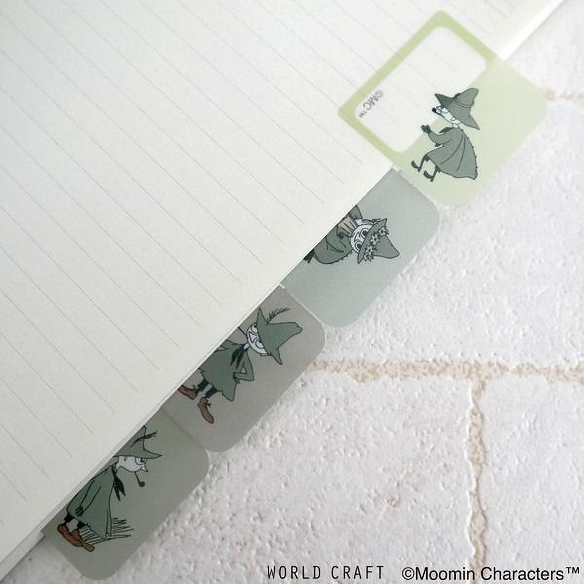 A set of lined paper dividers with illustrations of a character from the Moomin series, which are used for organizing and separating documents.