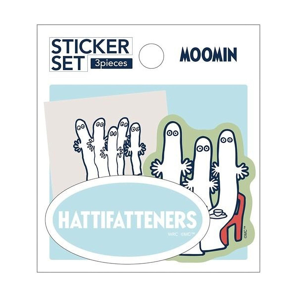 The image is a sticker set featuring cartoon-style figures with large eyes and arms, along with the text "HATIFATTENERS" and "MOOMIN" printed on it.