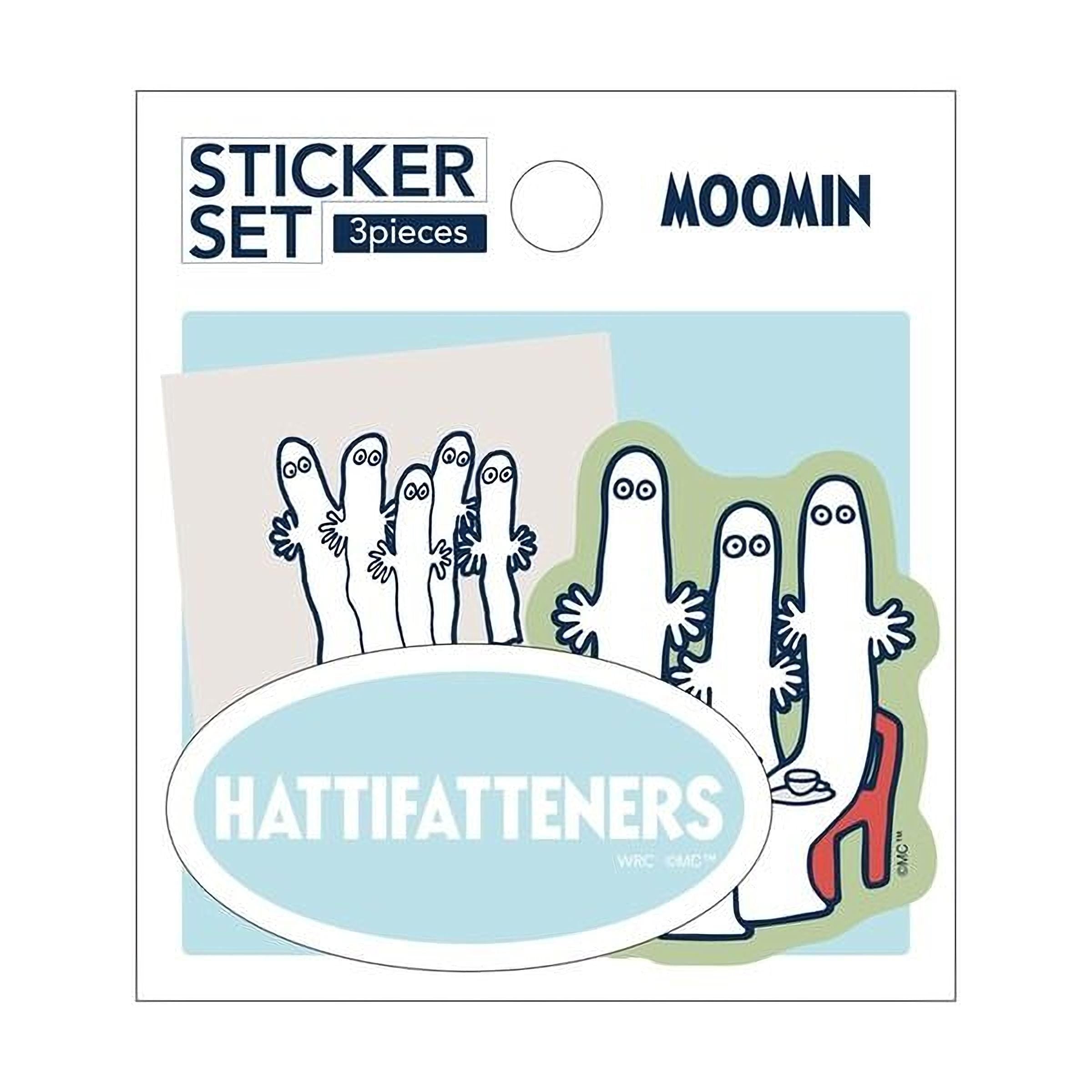 The image is a sticker set featuring cartoon-style figures with large eyes and arms, along with the text "HATIFATTENERS" and "MOOMIN" printed on it.