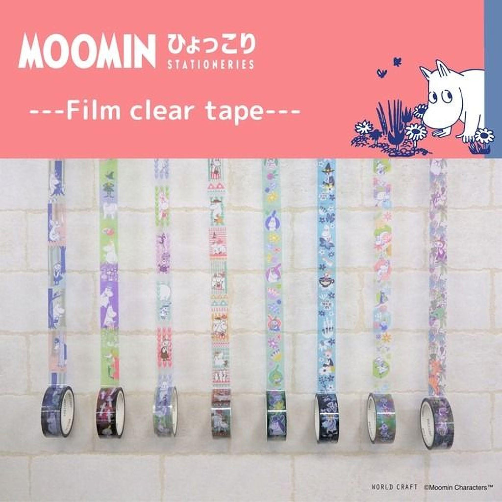 A collection of colorful Moomin stationery items, including clear tape, displayed on a brick wall.