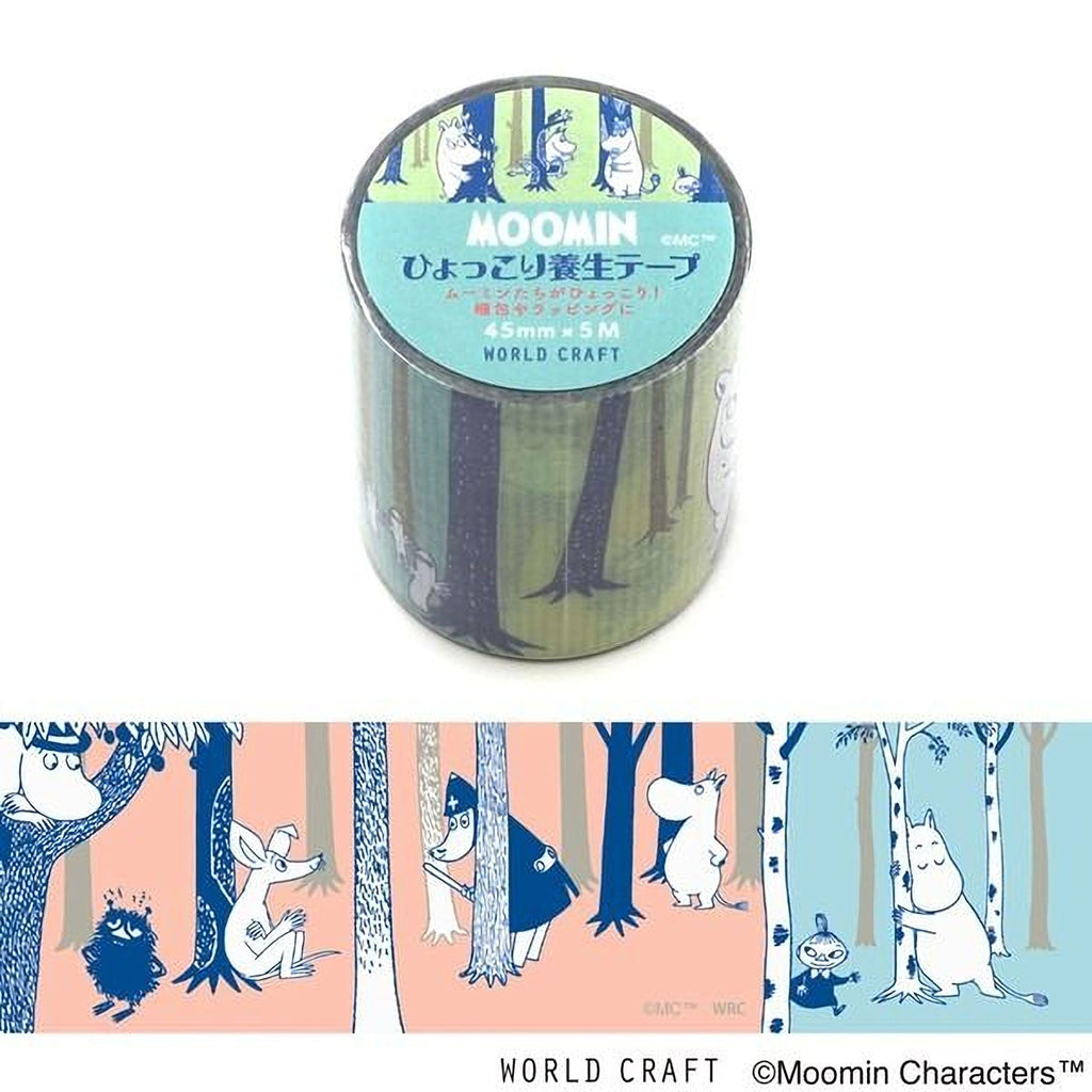a circular roll of Moomin craft tape with a forest-themed design, including various Moomin characters.