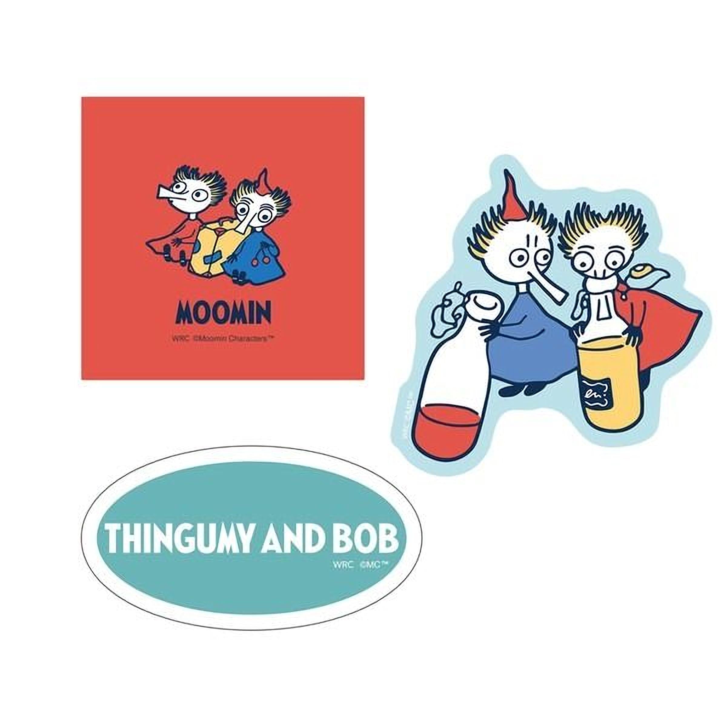 three different cartoon-style illustrations, including a character wearing a red cape and holding a large bottle, another character wearing a blue cape and holding a smaller bottle, and a third character wearing a red cape and holding a yellow bottle. The image also includes a sticker with the text "THINGUMY AND BOB" and the text "WRC" and "Character" below it.
