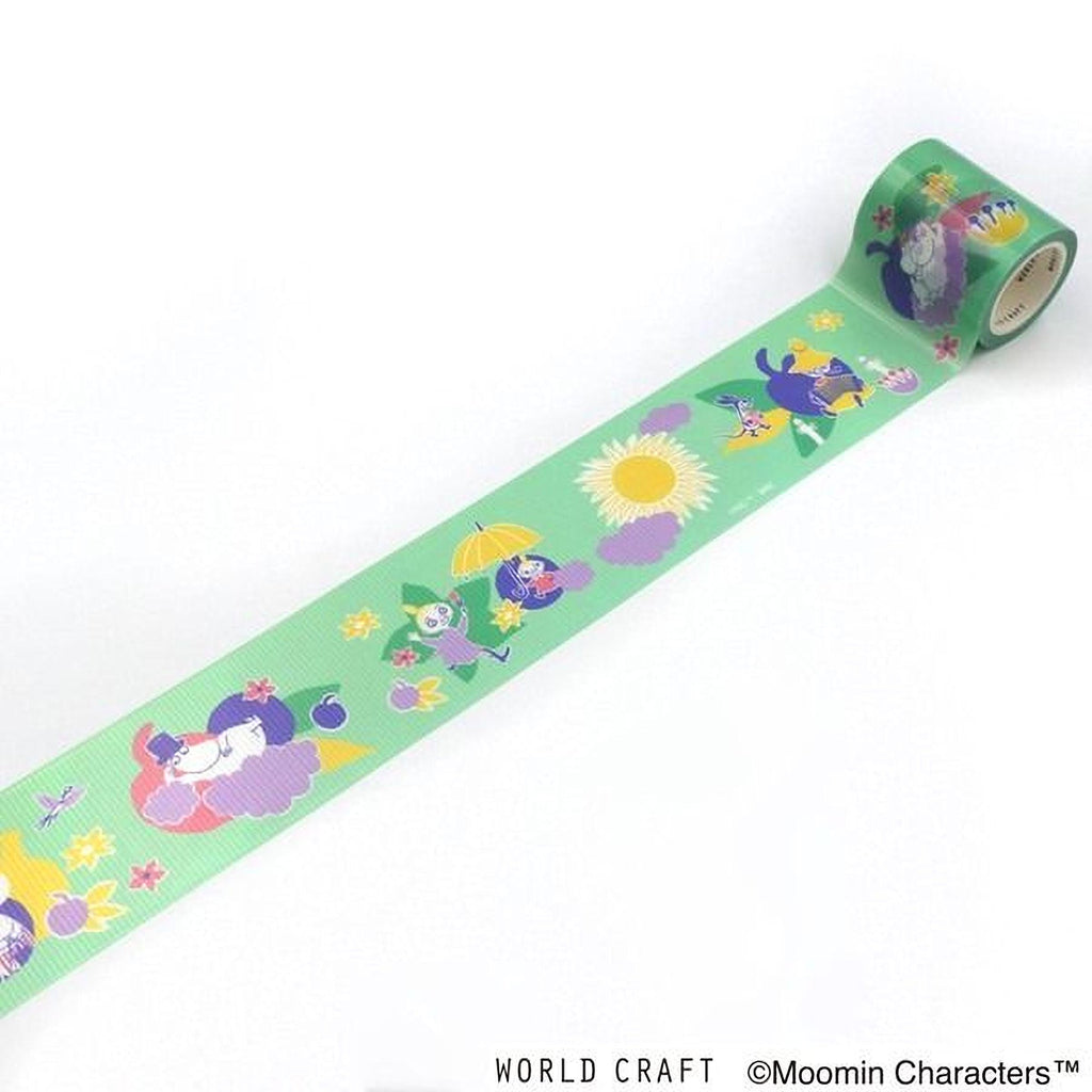 A roll of green tape with colorful illustrations of various characters and objects printed on it.