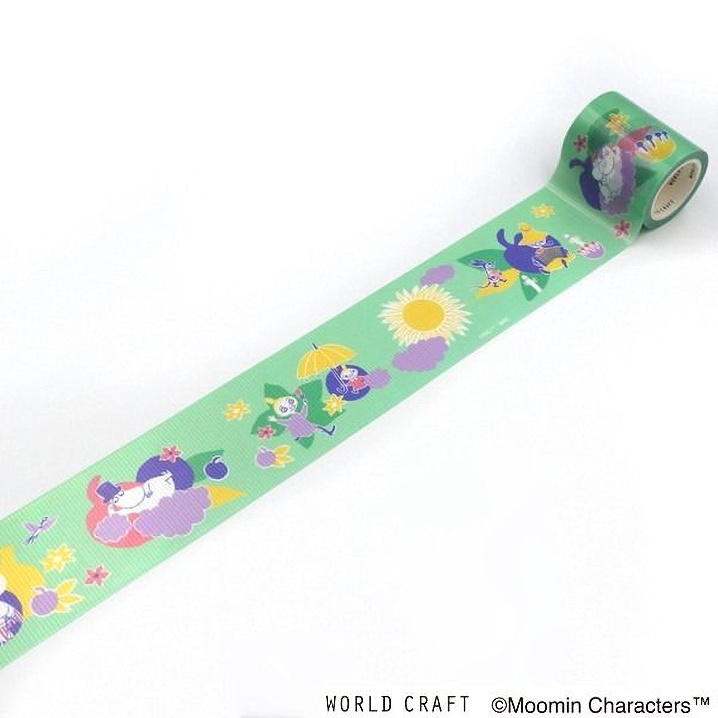 A roll of green tape with colorful illustrations of various characters and objects printed on it.