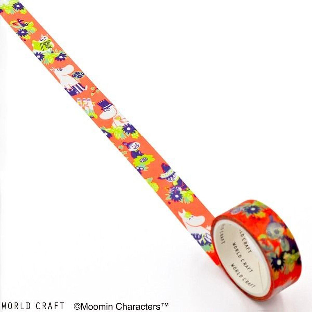 A roll of colorful, patterned tape with a Moomin character design on it, placed on a white surface.
