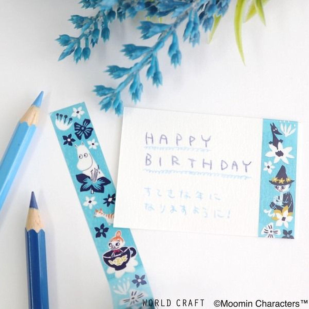 a birthday card with a "Happy Birthday" message, surrounded by blue and white decorative elements, such as flowers and pencils.