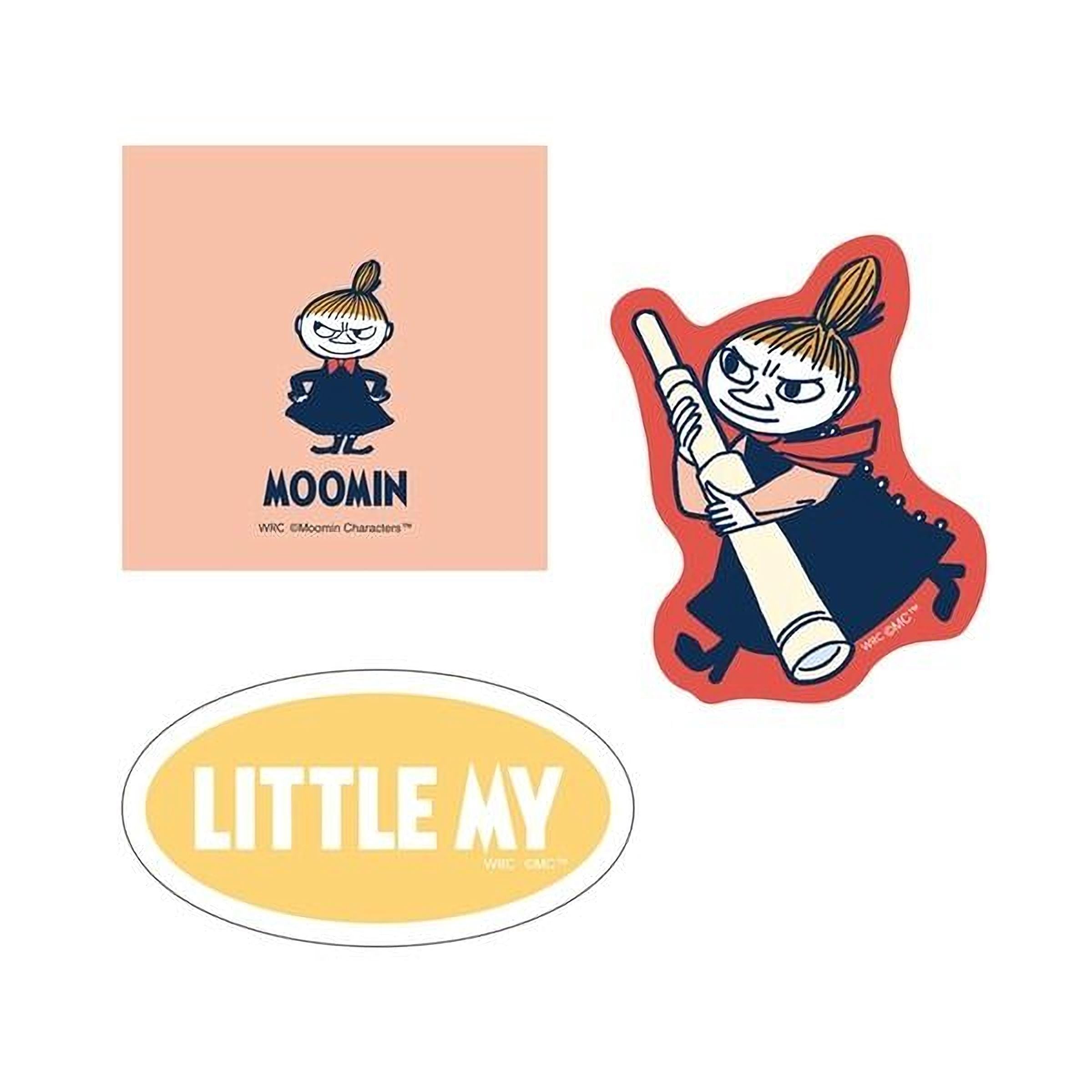 three different stickers or illustrations related to the character Moomin. The first image shows a cartoon illustration of Moomin, the second image depicts Moomin holding a pipe, and the third image features a sticker of Moomin. The stickers are all related to the character Moomin and are designed to be used as stickers or decorations.
