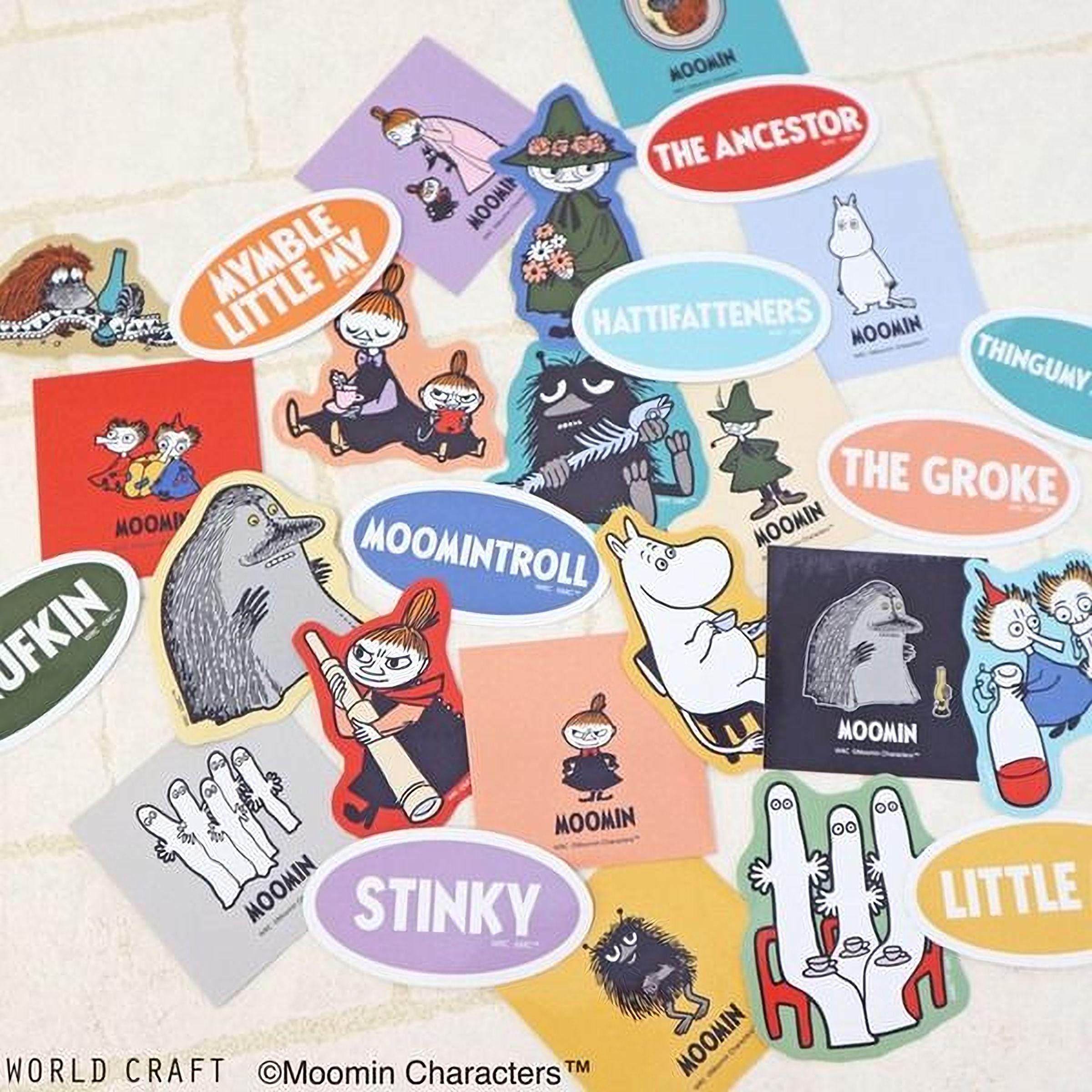 a collection of colorful stickers featuring various Moomin characters, including the Moomin family members.