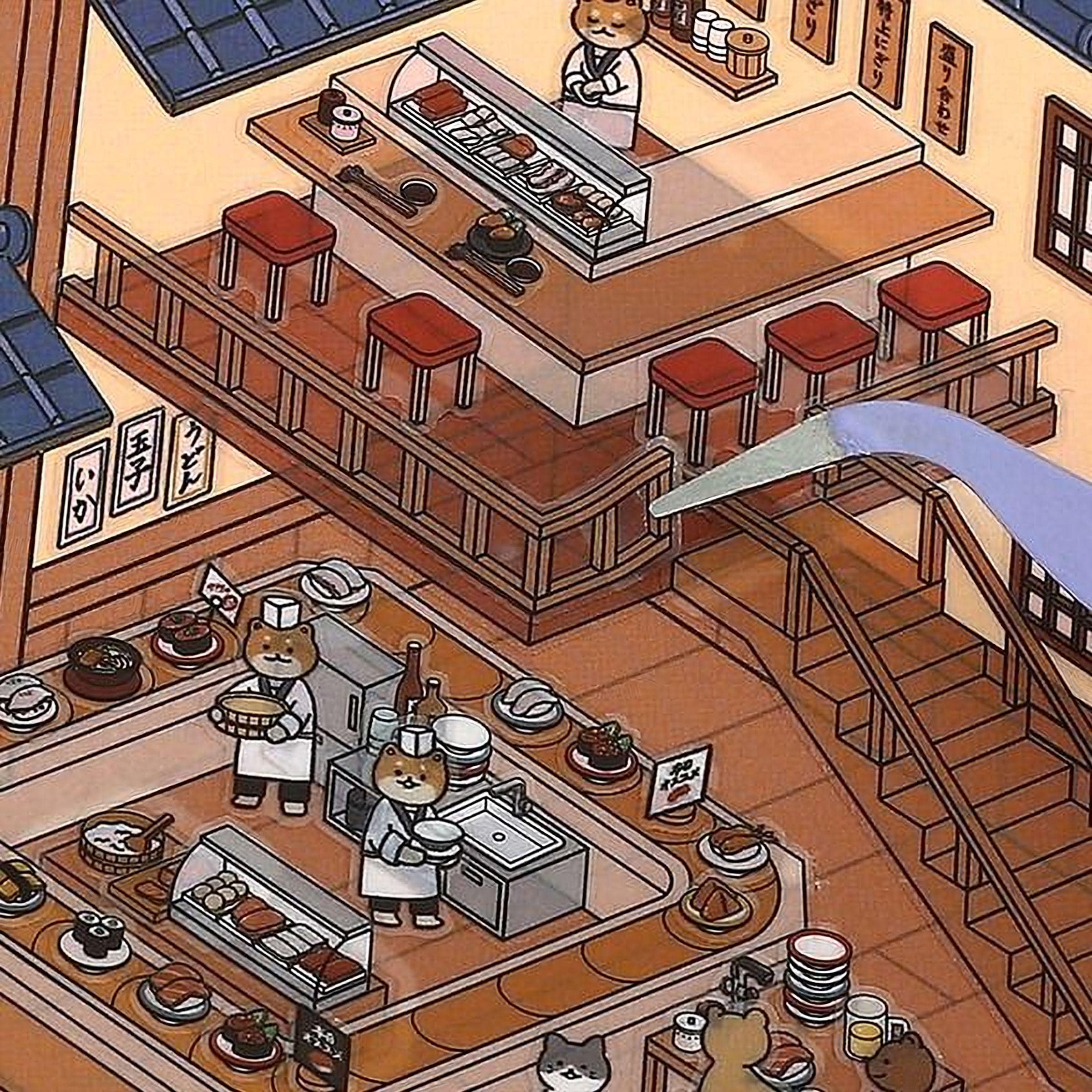 a whimsical, cartoon-like scene of a restaurant with two chefs preparing food, surrounded by various food items and utensils.