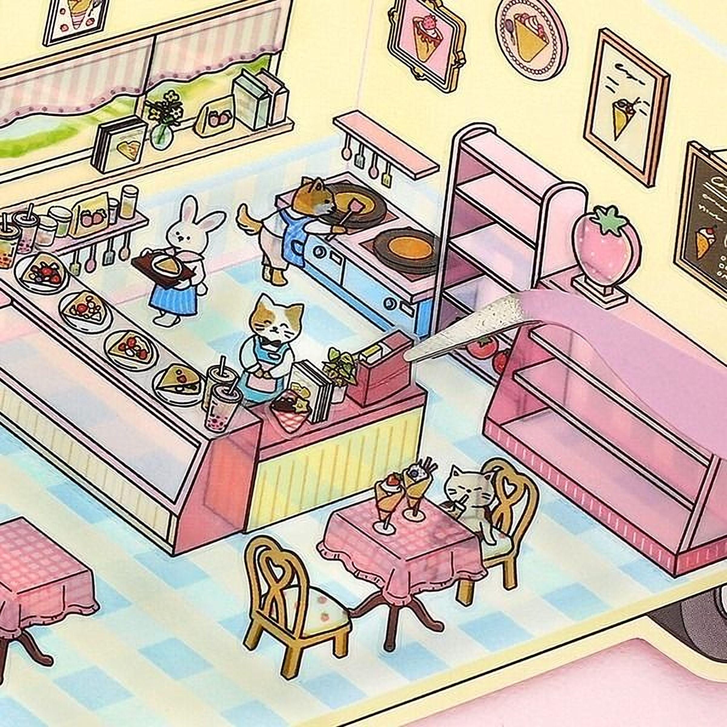 A whimsical cartoon illustration depicting a charming ice cream shop with various animals, including a dog, cat, and rabbit, interacting with the shop's elements such as the counter, chairs, and tables.