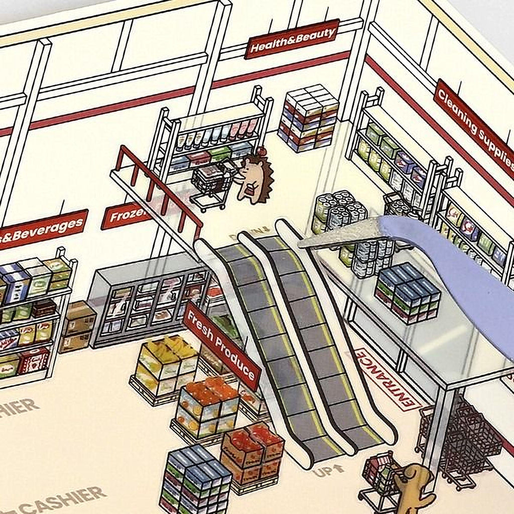 a grocery store with various aisles and products, including a freezer section, fresh produce, and a cashier.