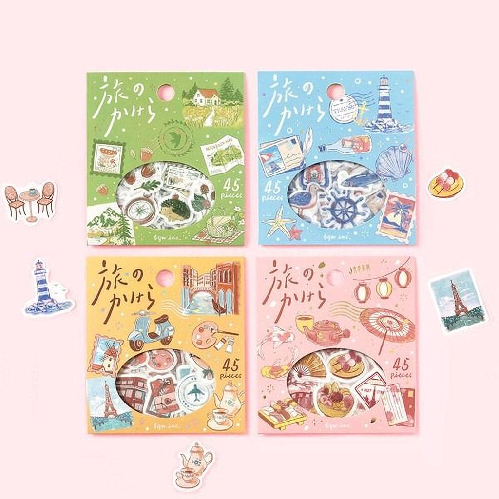 four colorful sticker packs with various illustrations and text, including a lighthouse, a teapot, and other decorative elements.