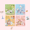 four colorful sticker packs with various illustrations and text, including a lighthouse, a teapot, and other decorative elements.