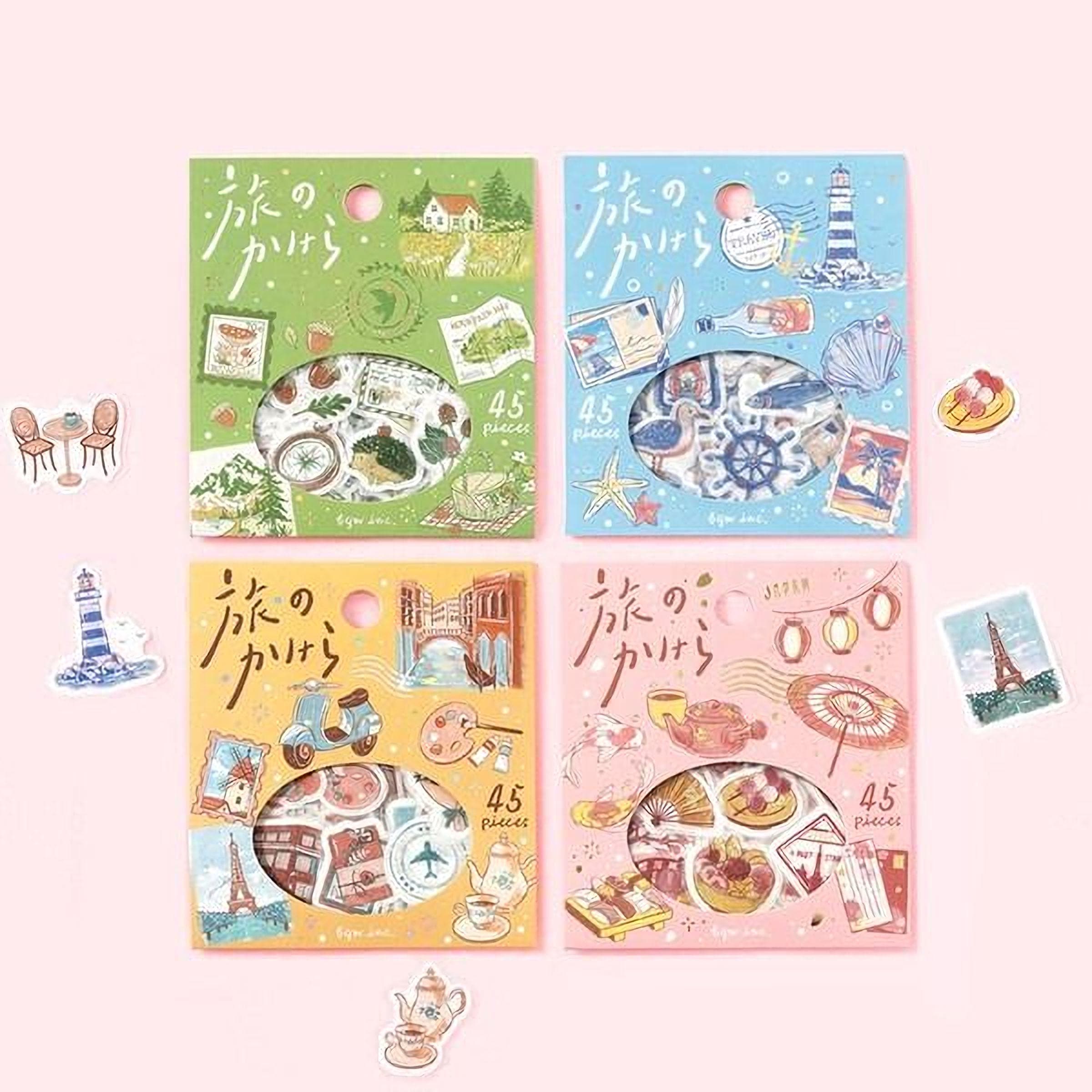 four colorful sticker packs with various illustrations and text, including a lighthouse, a teapot, and other decorative elements.