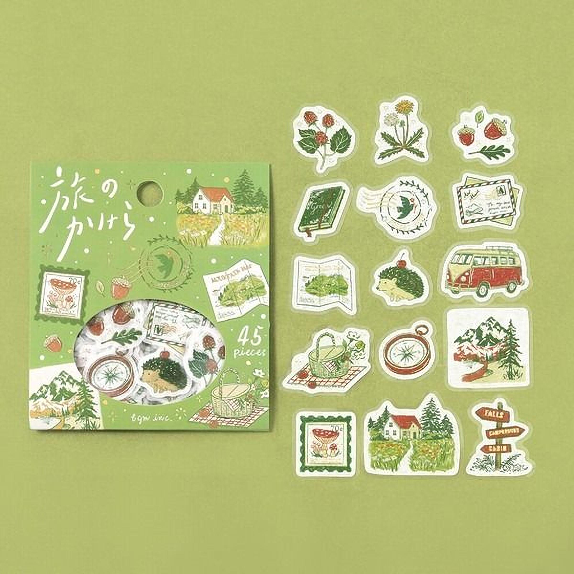 a collection of colorful stickers and a green box with stickers, all set against a green background.