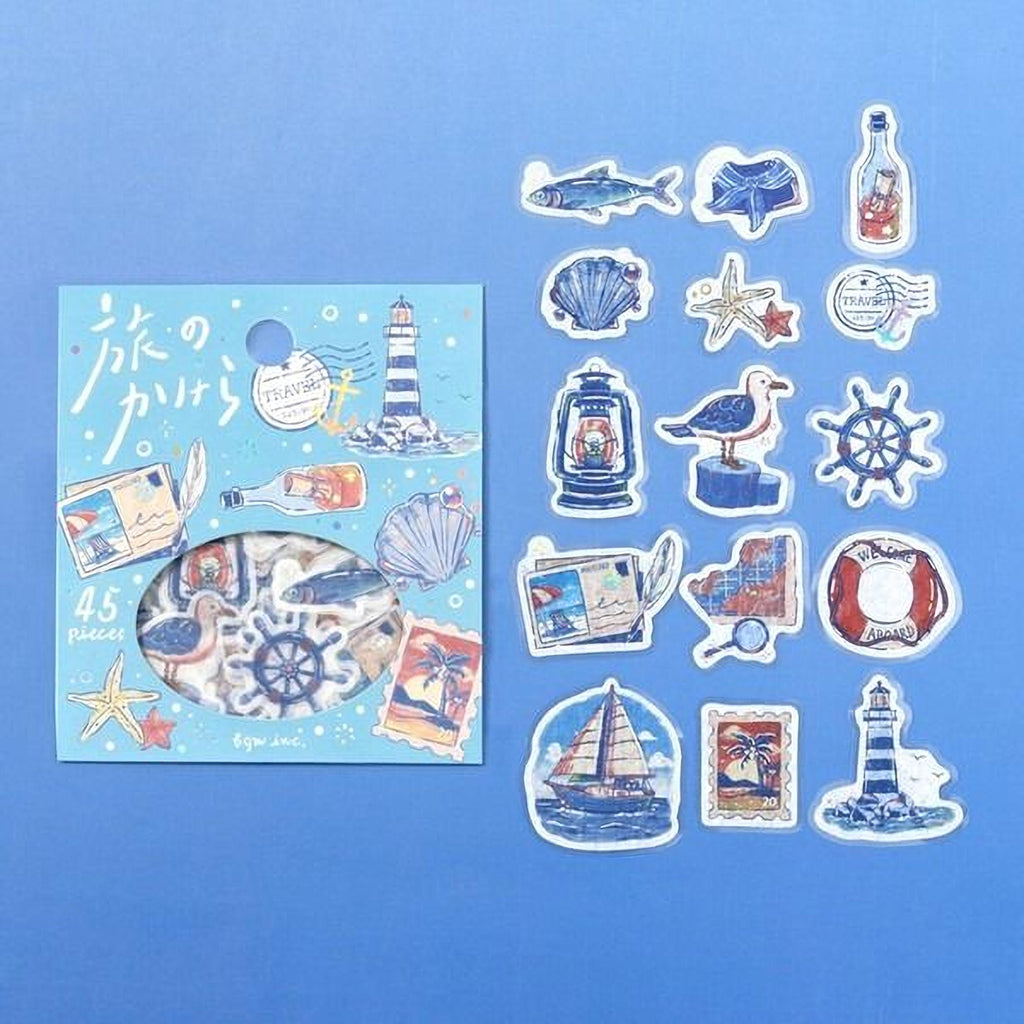 a collection of various nautical and maritime-themed stickers and illustrations, including a lighthouse, a ship, a seagull, a bottle, a seashell, and a starfish, all set against a blue background.