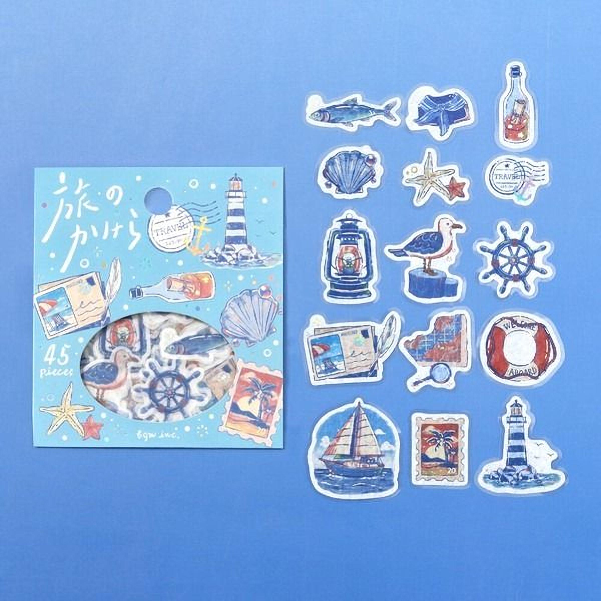 a collection of various nautical and maritime-themed stickers and illustrations, including a lighthouse, a ship, a seagull, a bottle, a seashell, and a starfish, all set against a blue background.