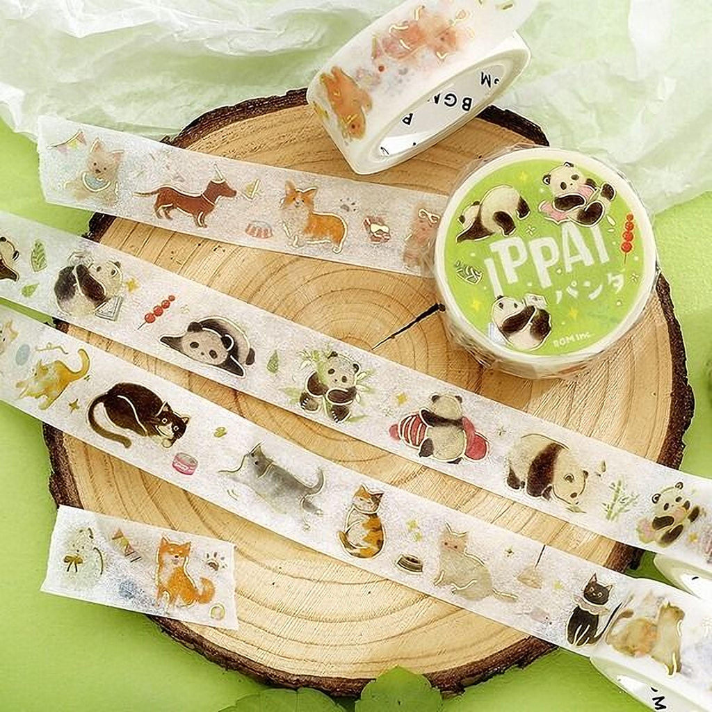 a collection of animal-themed decorative items, including animal stickers and a roll of tape with animal designs.