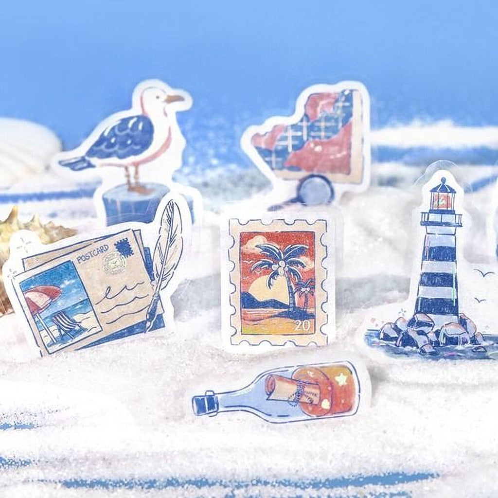 a collection of colorful postage stamps and a bottle with a message, all set against a blue background.