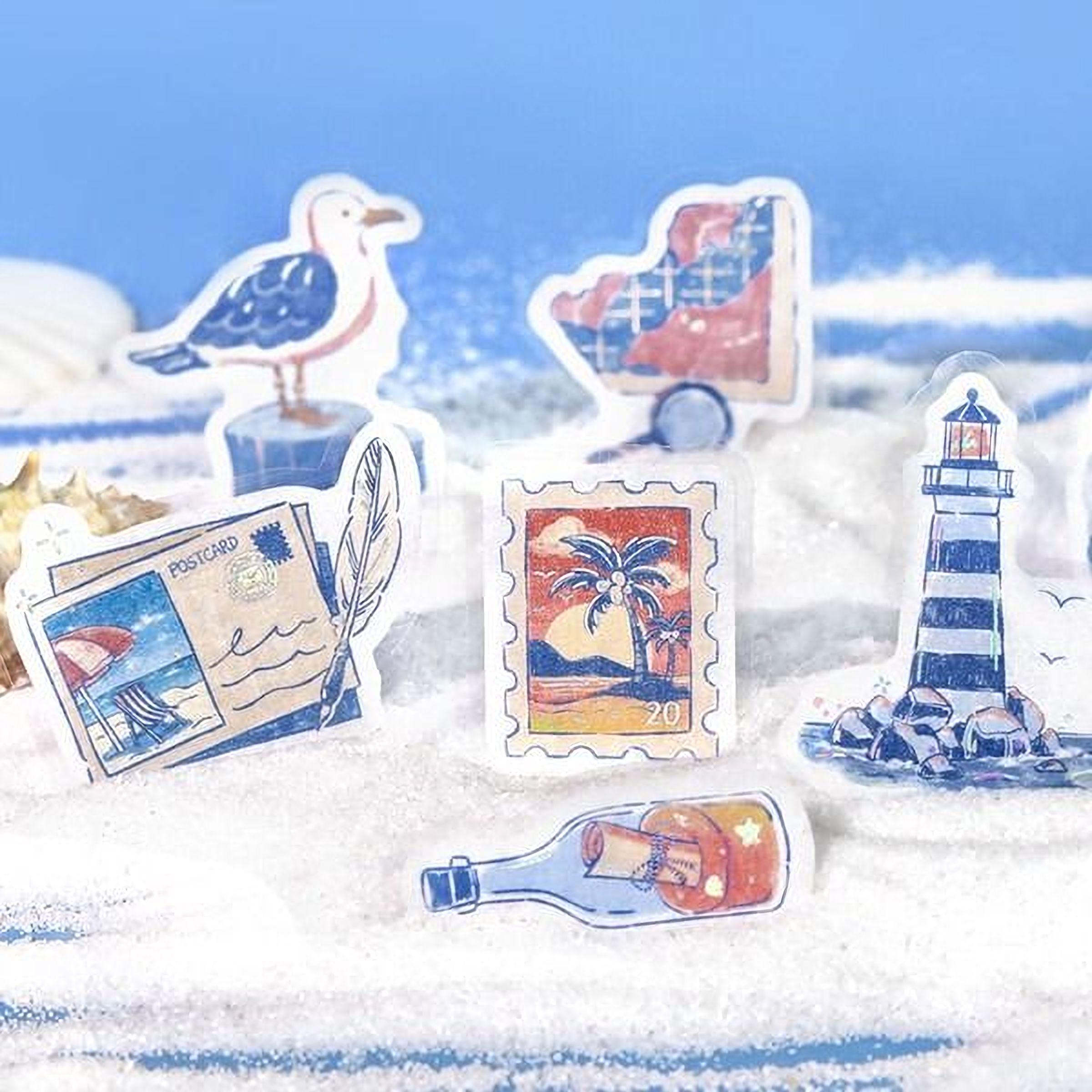 a collection of colorful postage stamps and a bottle with a message, all set against a blue background.