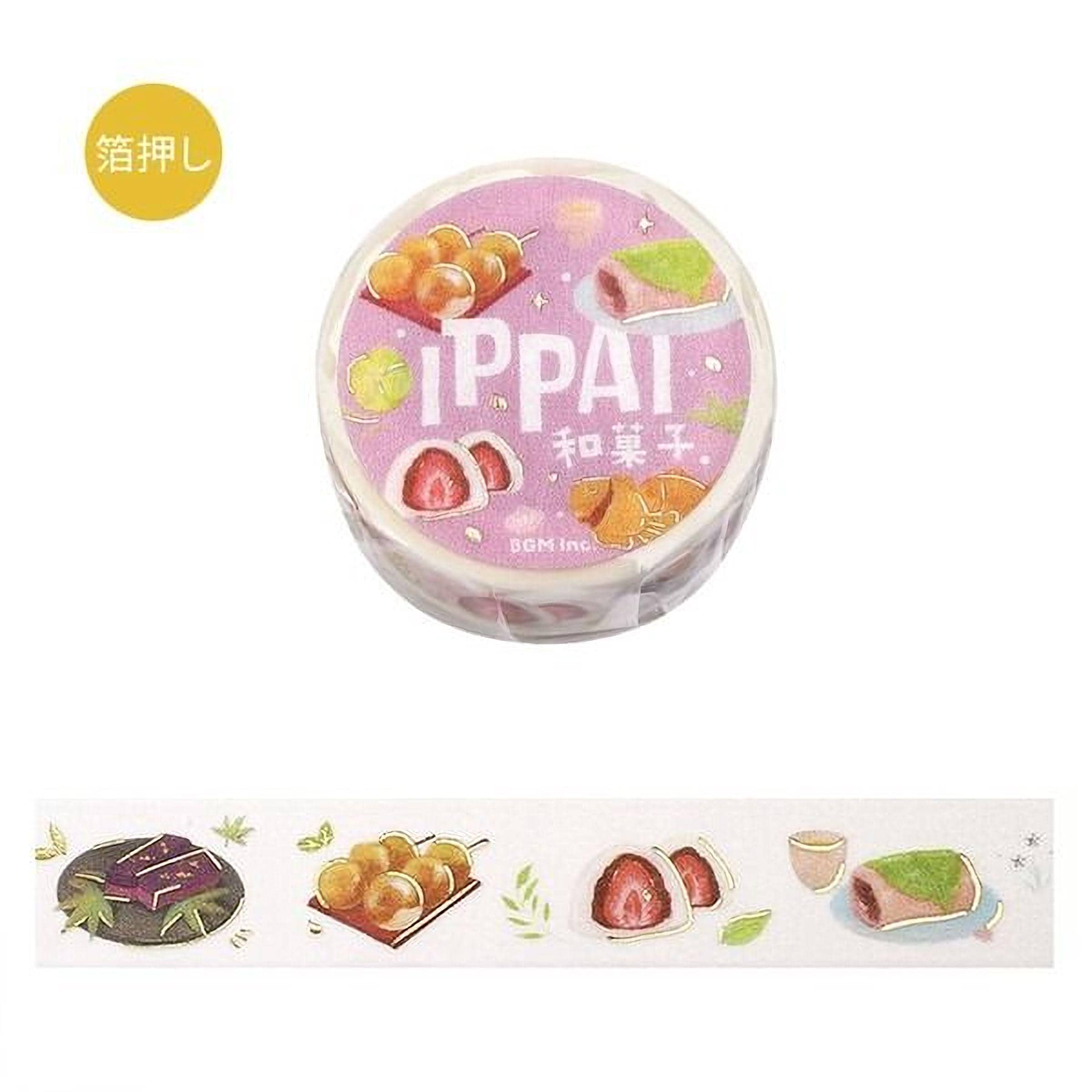 a pink and white design with various food items, including fruits and desserts, arranged on a white background.