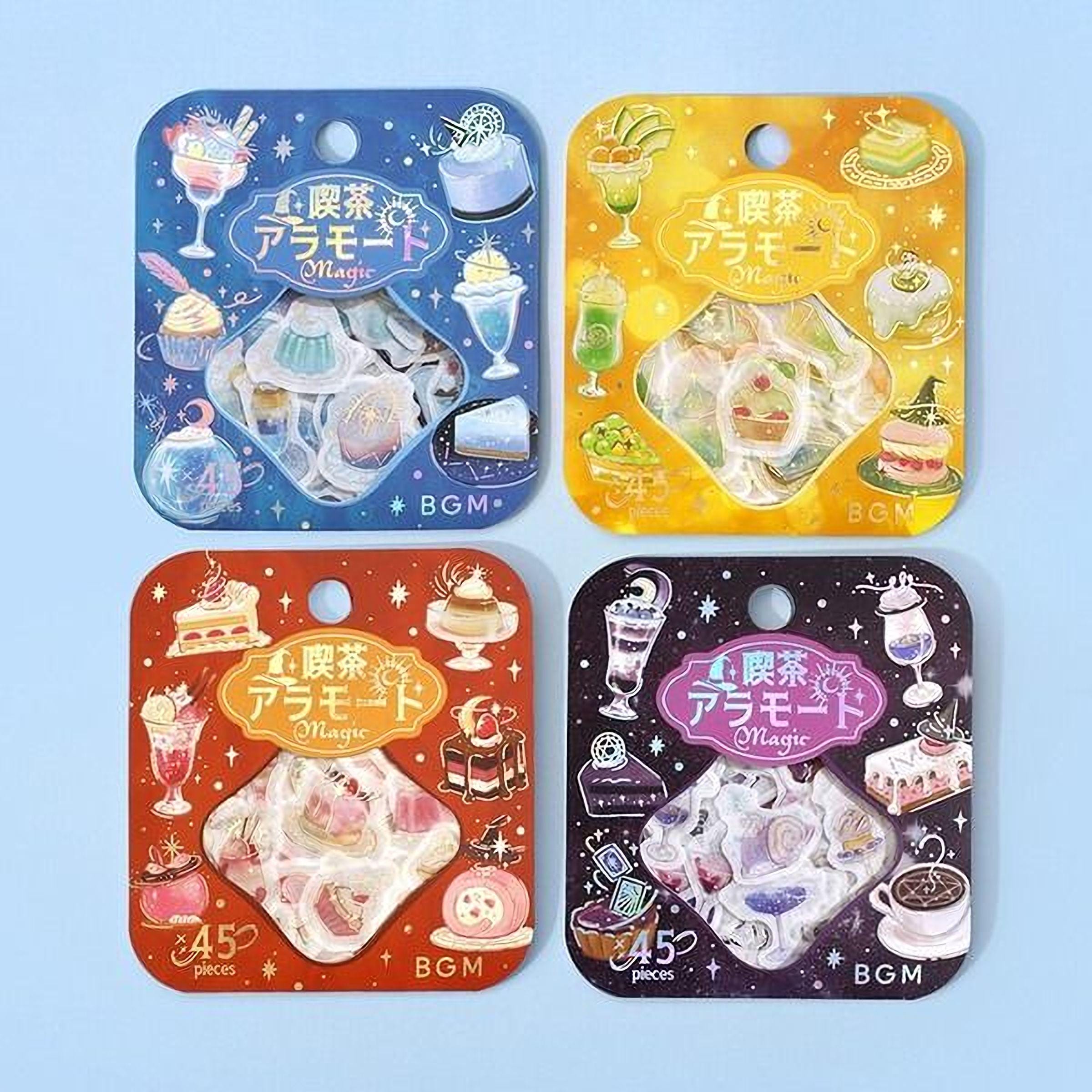 four colorful stickers with illustrations of desserts and food items, each with a price tag.