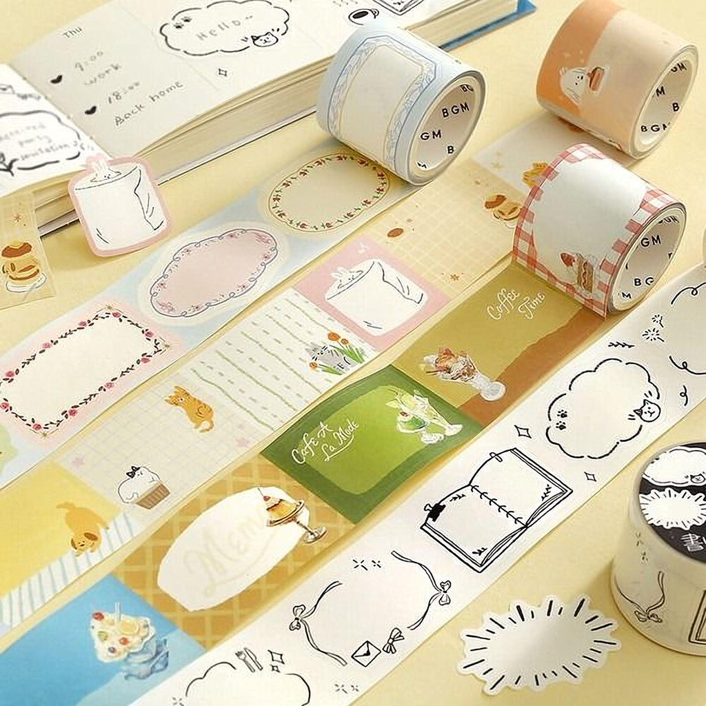 various colorful and patterned washi tape rolls, some of which have illustrations of food items and other decorative elements.