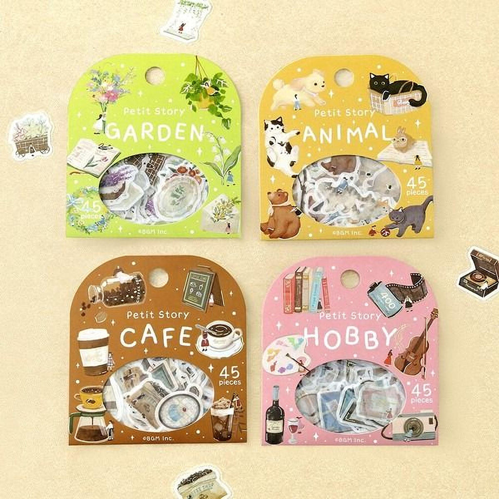 four packages of stickers, each featuring different themes such as garden, animal, cafe, and hobby.