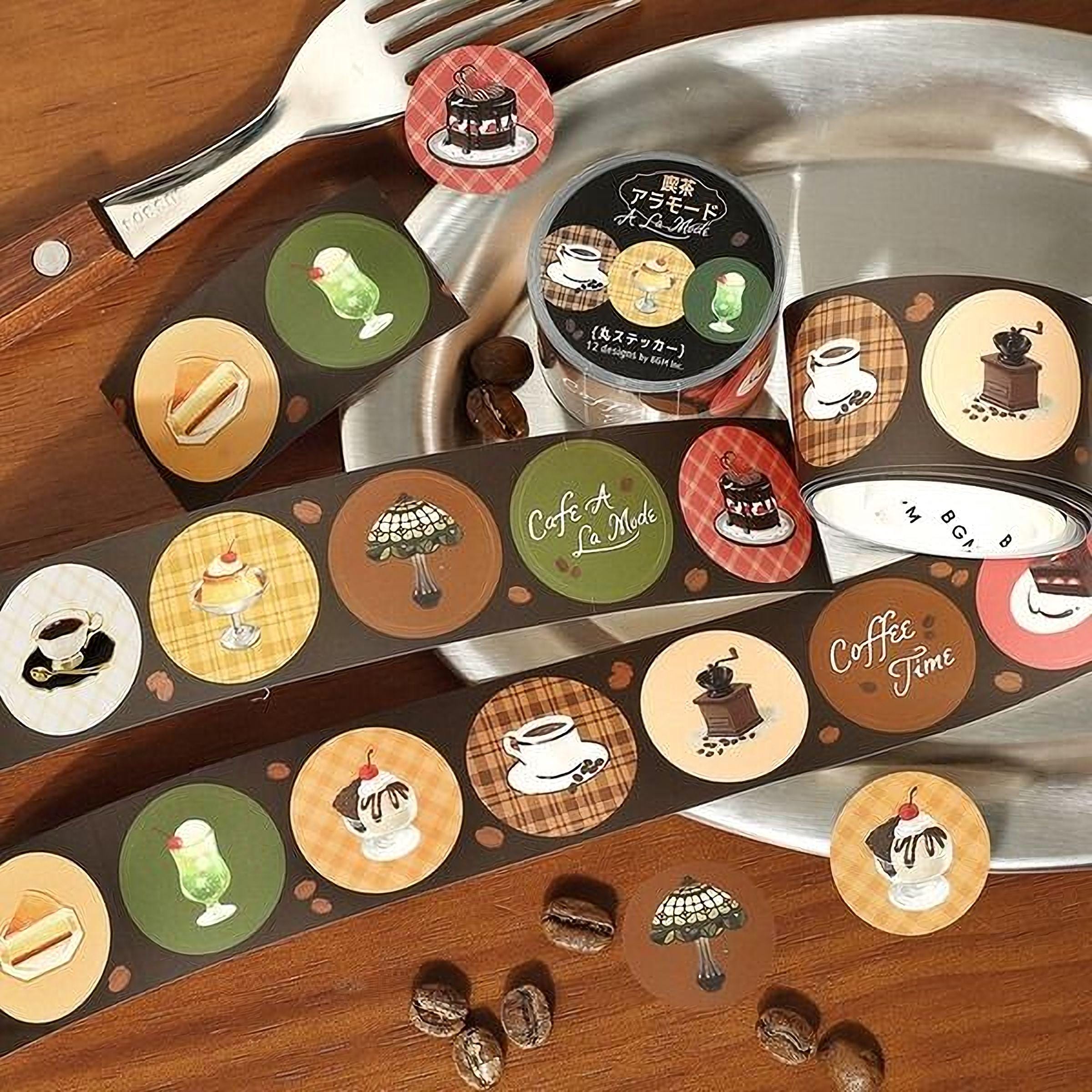 a collection of various food and beverage items, including coffee cups, cakes, and other pastries, arranged on a wooden surface. There are also some coffee beans scattered around the items.