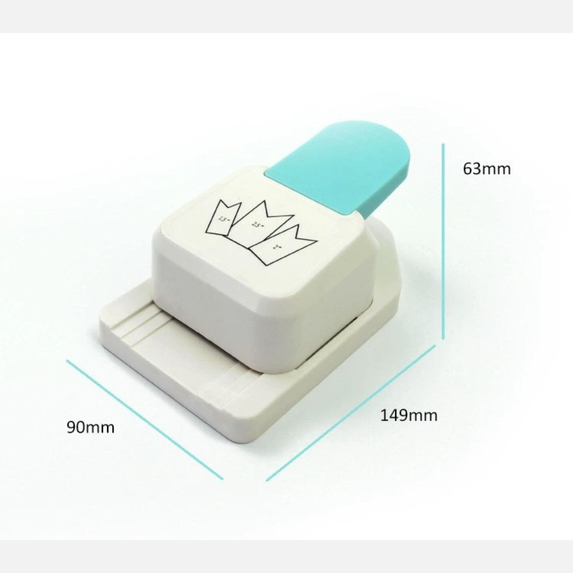 A white and teal push button hole puncher is shown, with dimensions provided in millimeters.