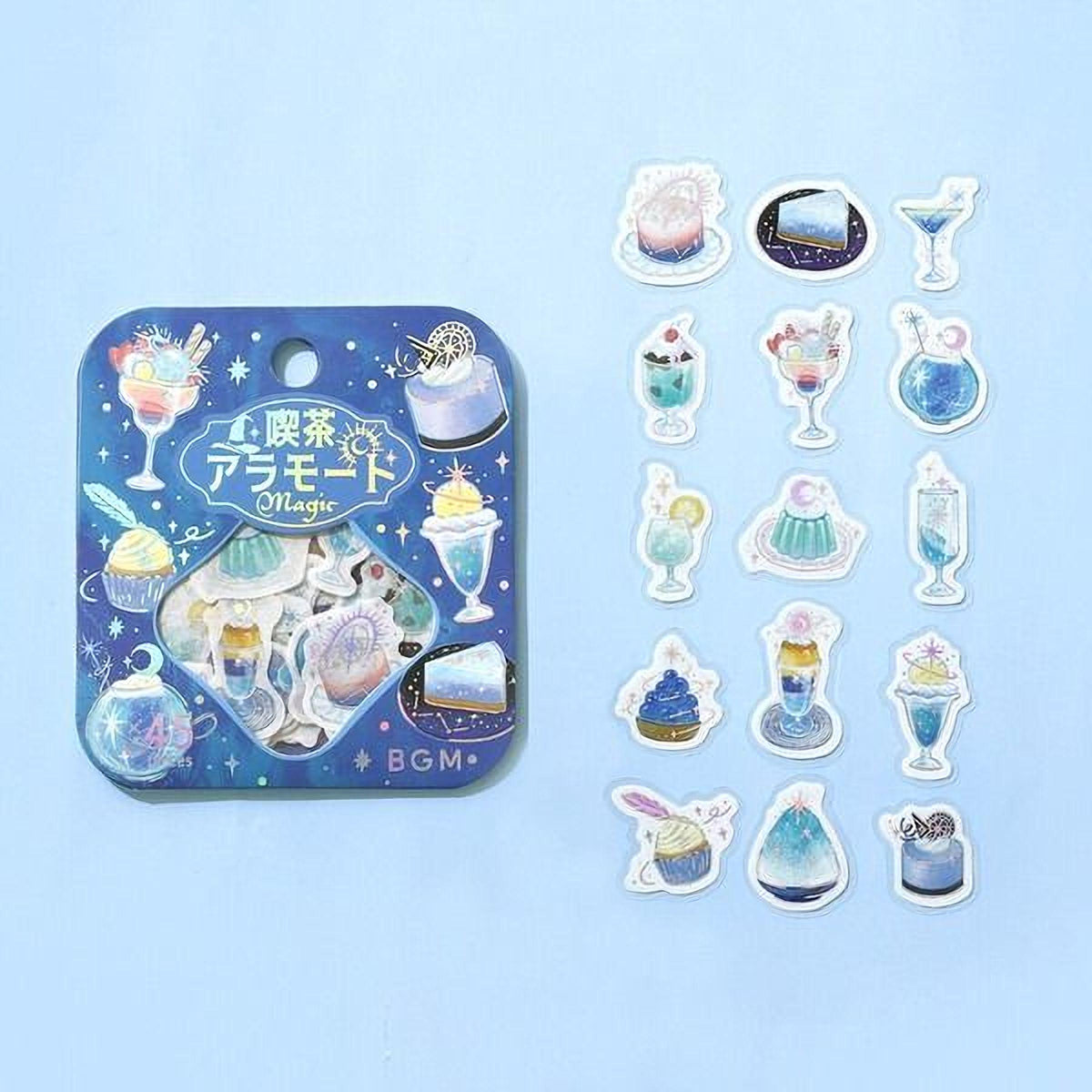a collection of colorful stickers depicting various desserts and drinks, including cakes, ice cream, and cocktails, arranged on a light blue background.