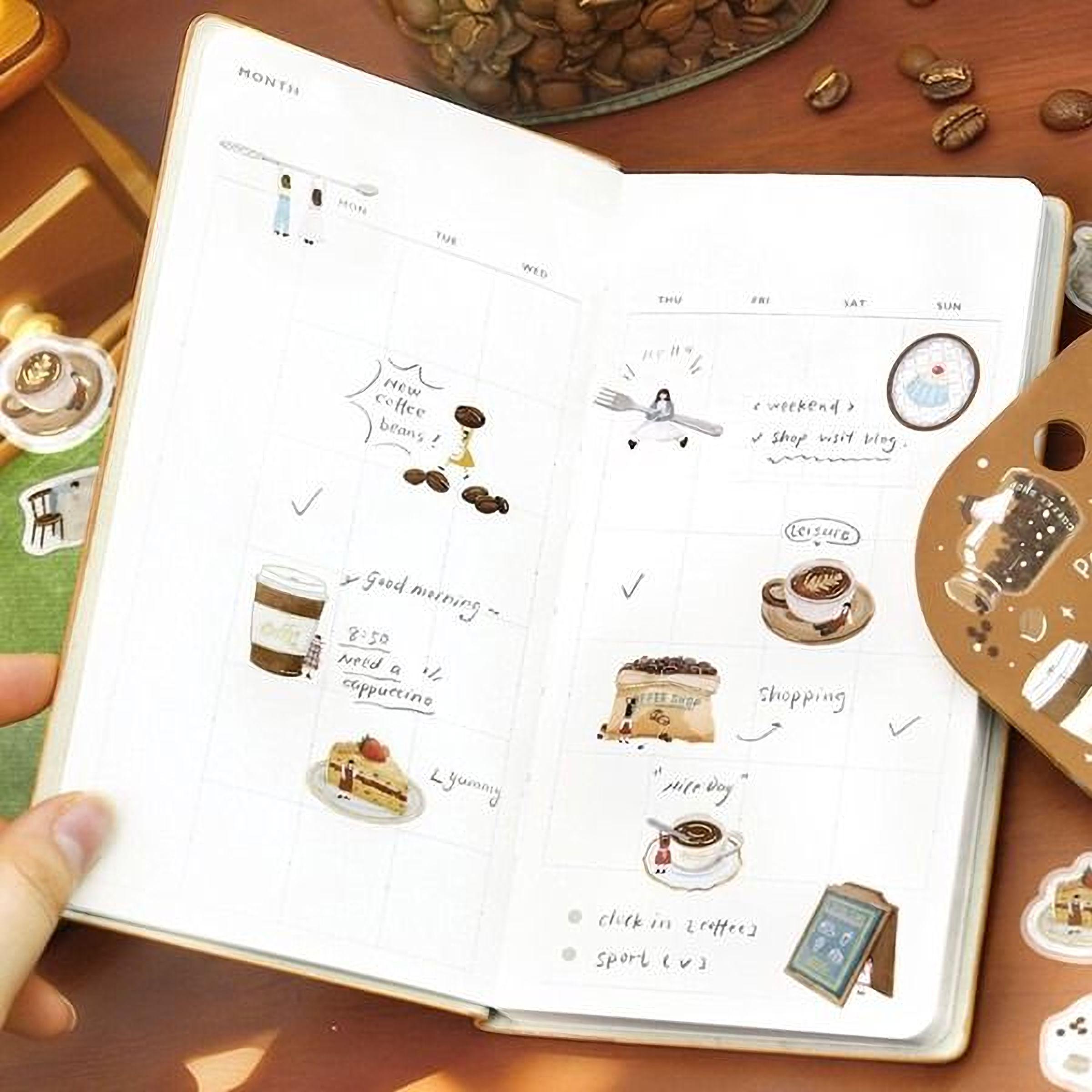 an open notebook with various illustrations and notes related to daily activities, such as shopping, coffee, and leisure time.